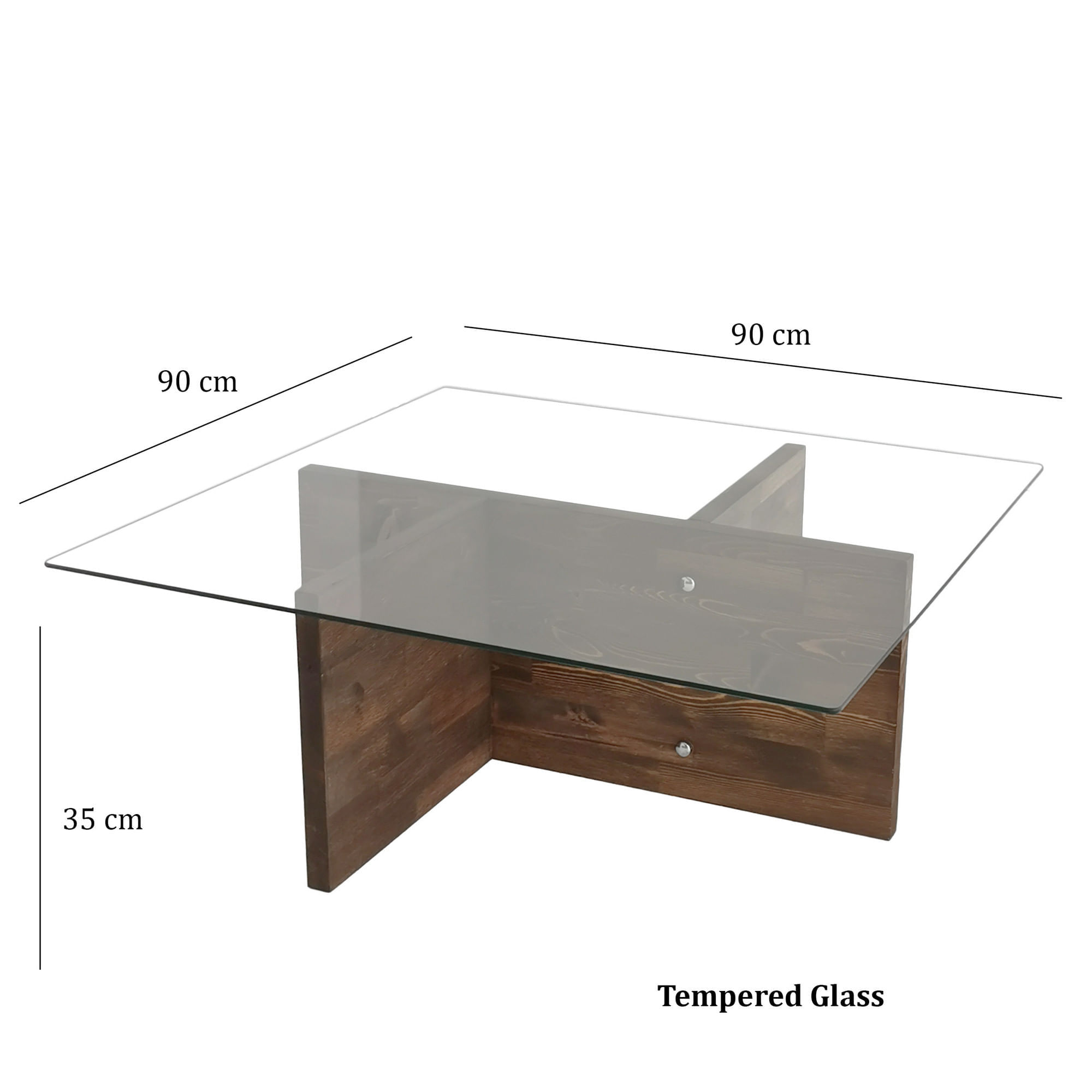 Masuta de cafea, Hanah Home, sticla calita si lemn masiv de pin, nuc, 90x90x35 cm — imaginea 8