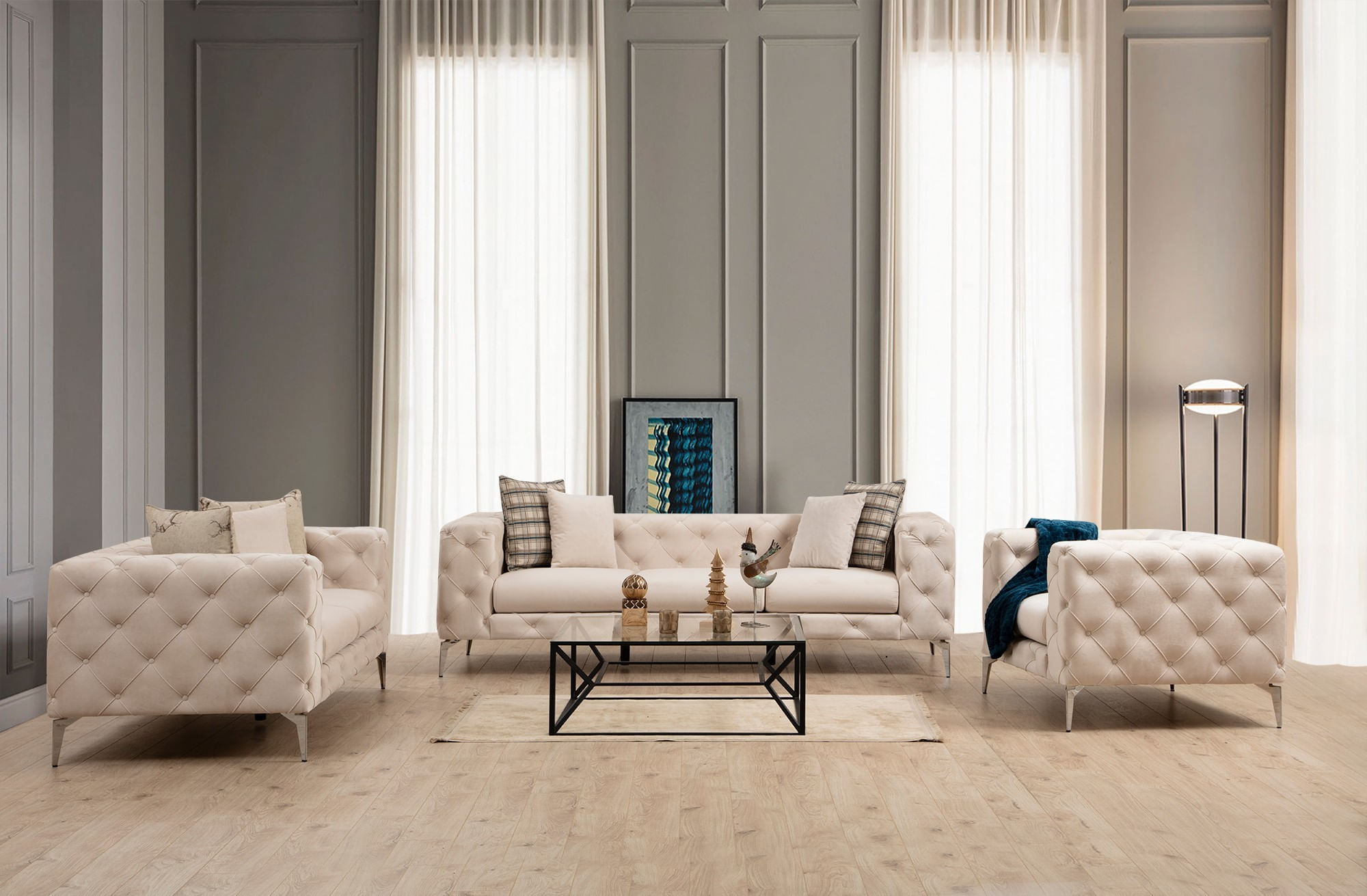 Canapea 2 locuri, Hanah Home, lemn fag si panouri aglomerate, ecru, 197x90x73 cm — imaginea 3