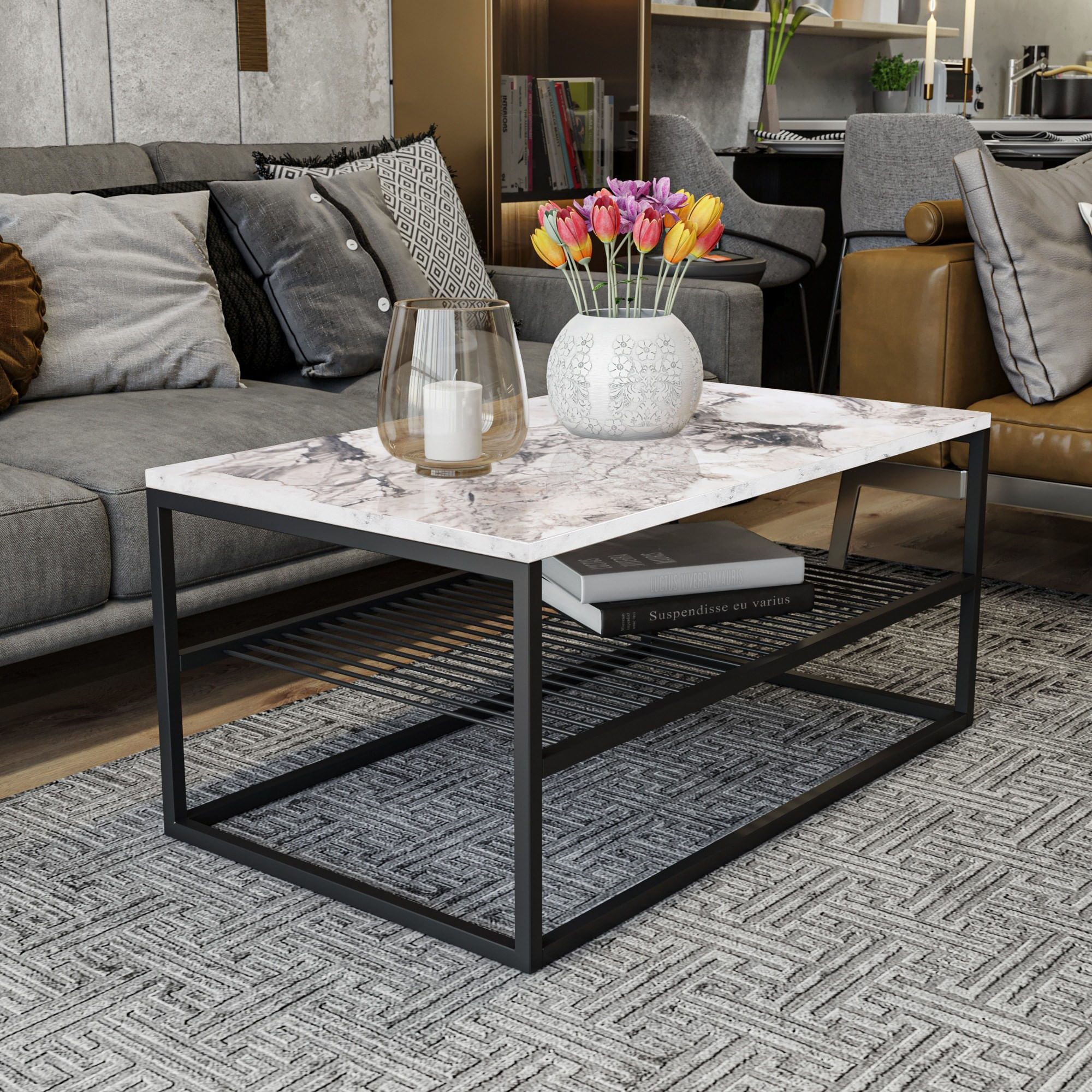 Masuta de cafea, Hanah Home, pal melaminat, alb si negru, 95x55x43 cm — imaginea 7