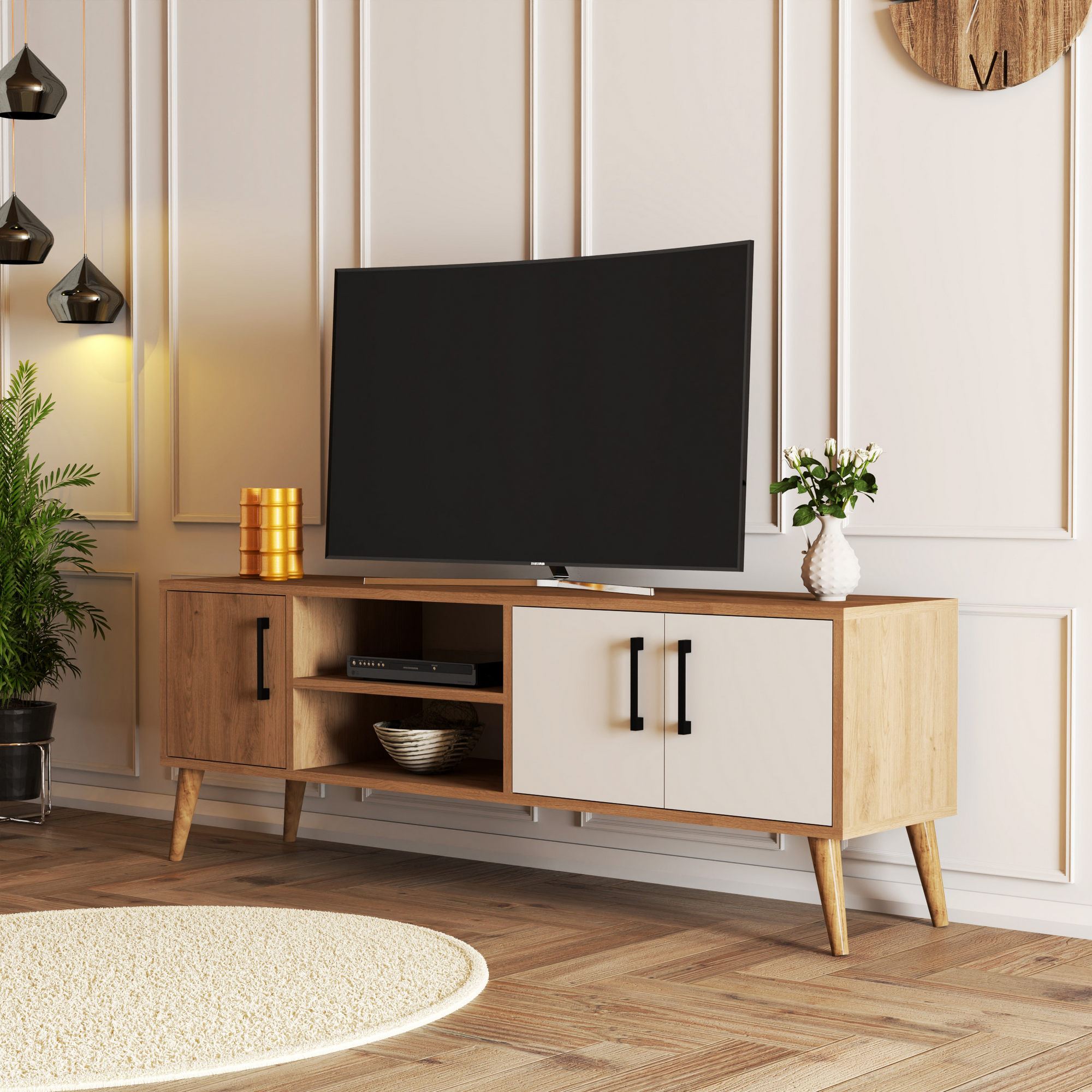 Comoda tv, Hanah Home, pal melaminat, stejar alb, 150x34x52 cm — imaginea 3