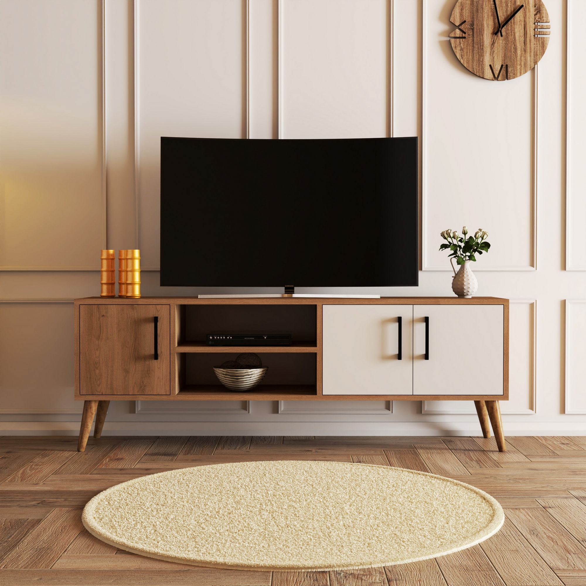 Comoda tv, Hanah Home, pal melaminat, stejar alb, 150x34x52 cm — imaginea 5