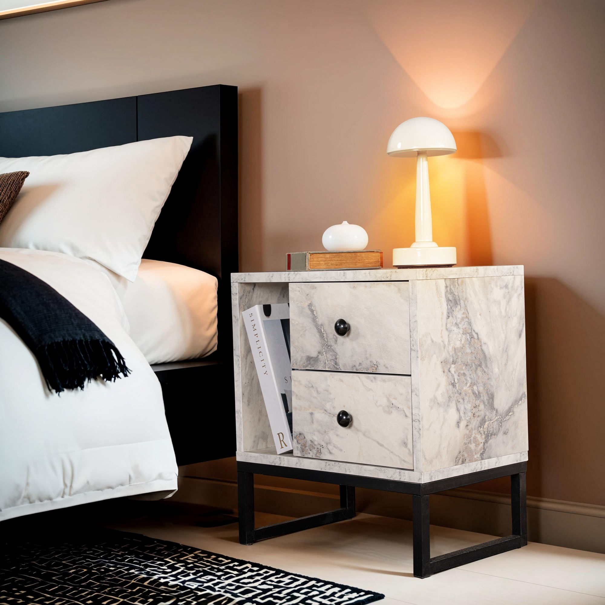 Noptiera, Hanah Home, panou de particule melaminat, marmura freesia si negru, 45.2x29.5x50 cm — imaginea 7