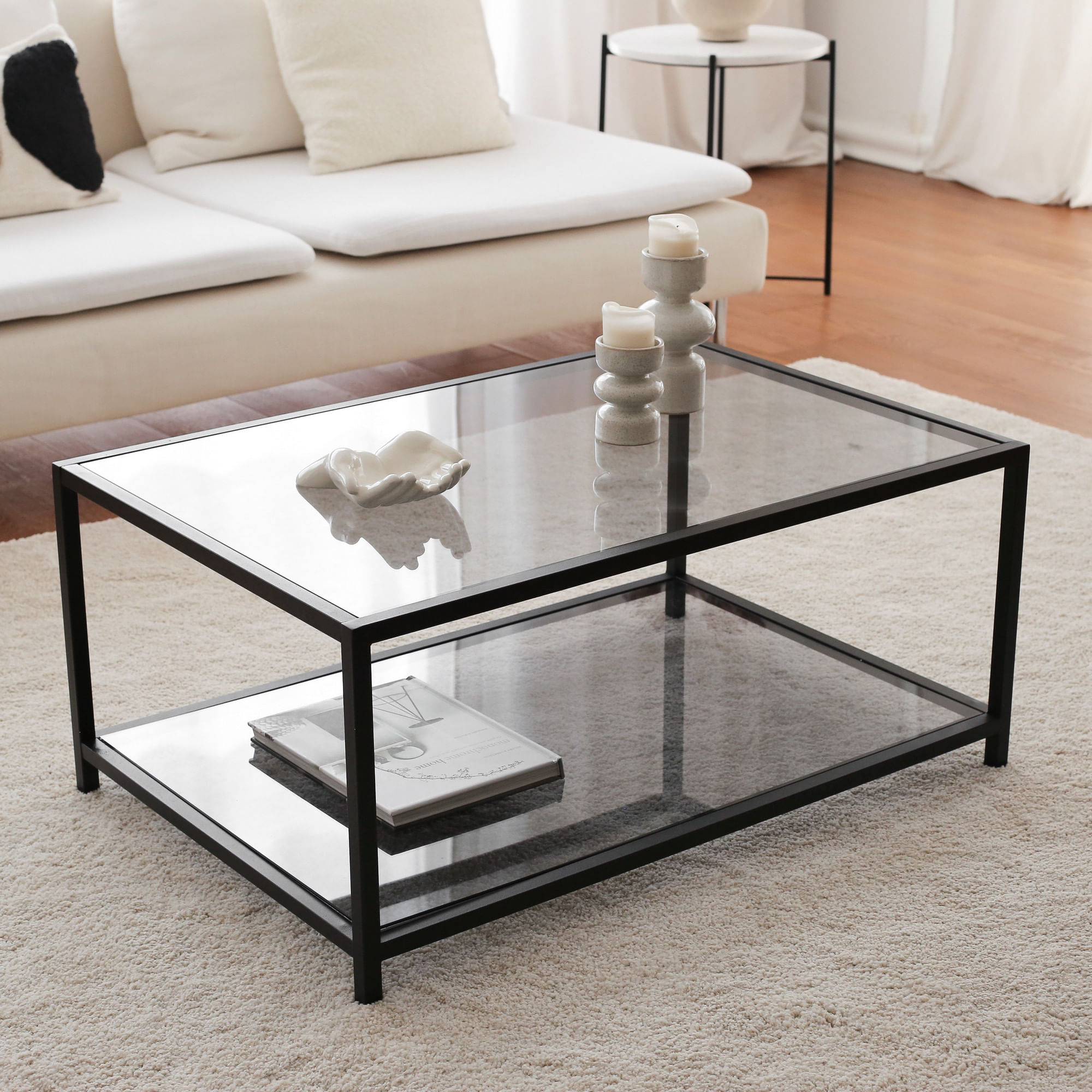 Masuta de cafea, Hanah Home, sticla securizata si metal, fum si negru, 90x60x40 cm — imaginea 6