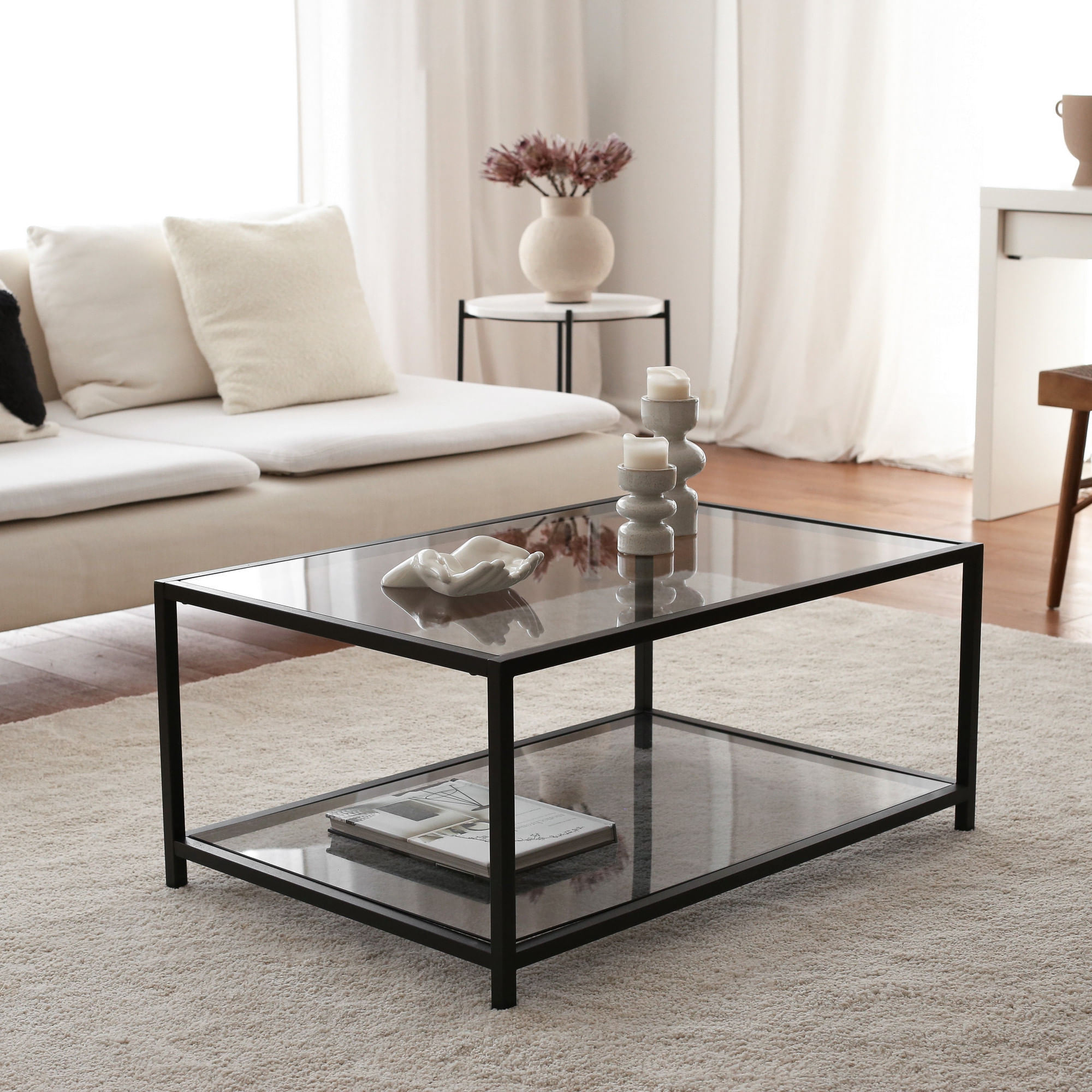 Masuta de cafea, Hanah Home, sticla securizata si metal, fum si negru, 90x60x40 cm — imaginea 7