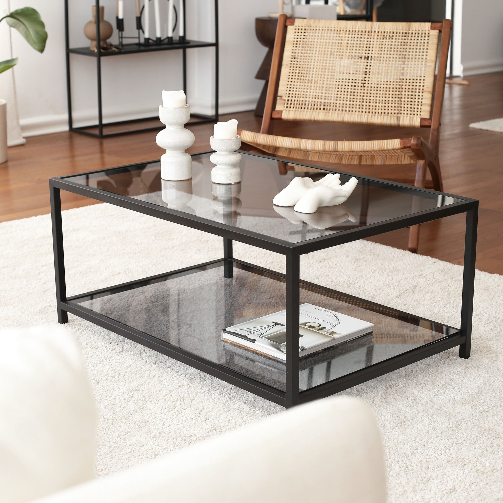 Masuta de cafea, Hanah Home, sticla securizata si metal, fum si negru, 90x60x40 cm — imaginea 8