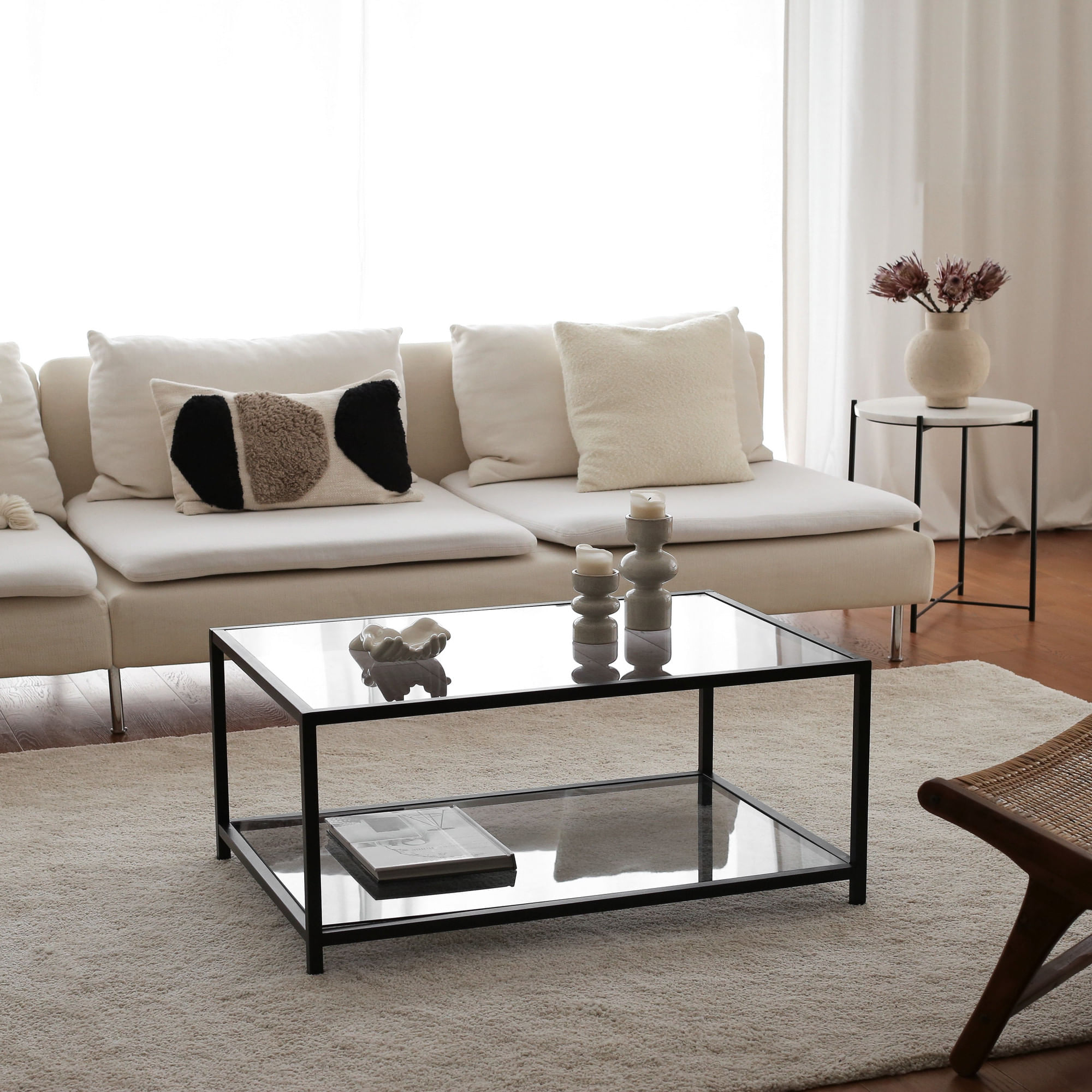 Masuta de cafea, Hanah Home, sticla securizata si metal, fum si negru, 90x60x40 cm — imaginea 9