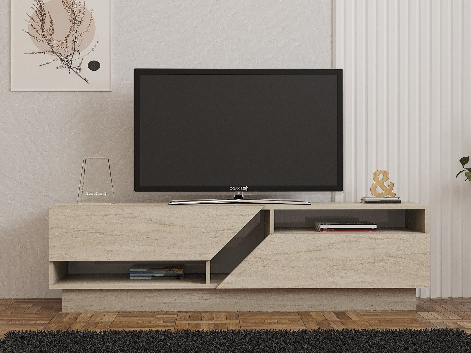 Comoda tv, Hanah Home, pal melaminat, travertin, 160x45x40 cm — imaginea 3