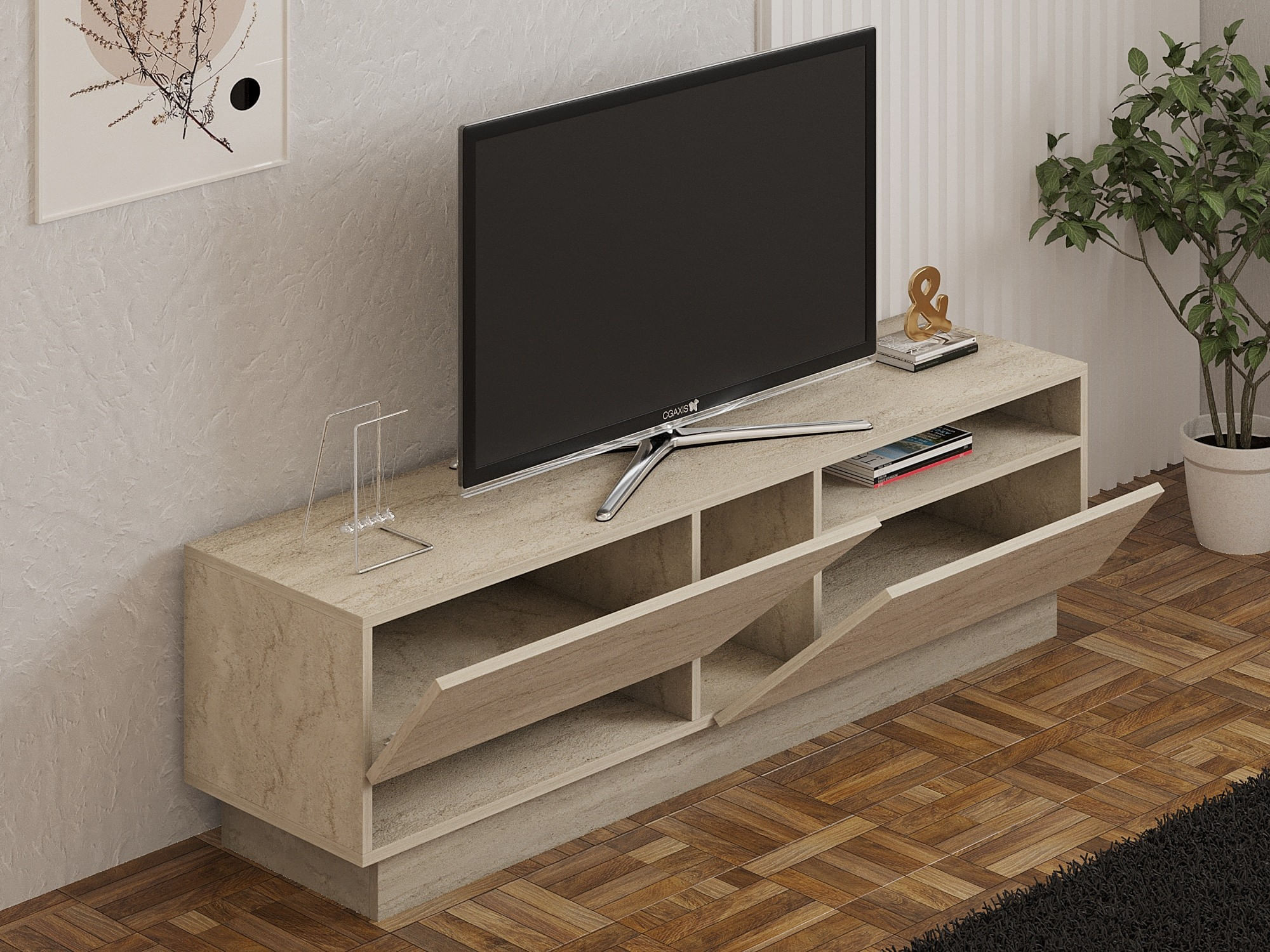 Comoda tv, Hanah Home, pal melaminat, travertin, 160x45x40 cm — imaginea 4