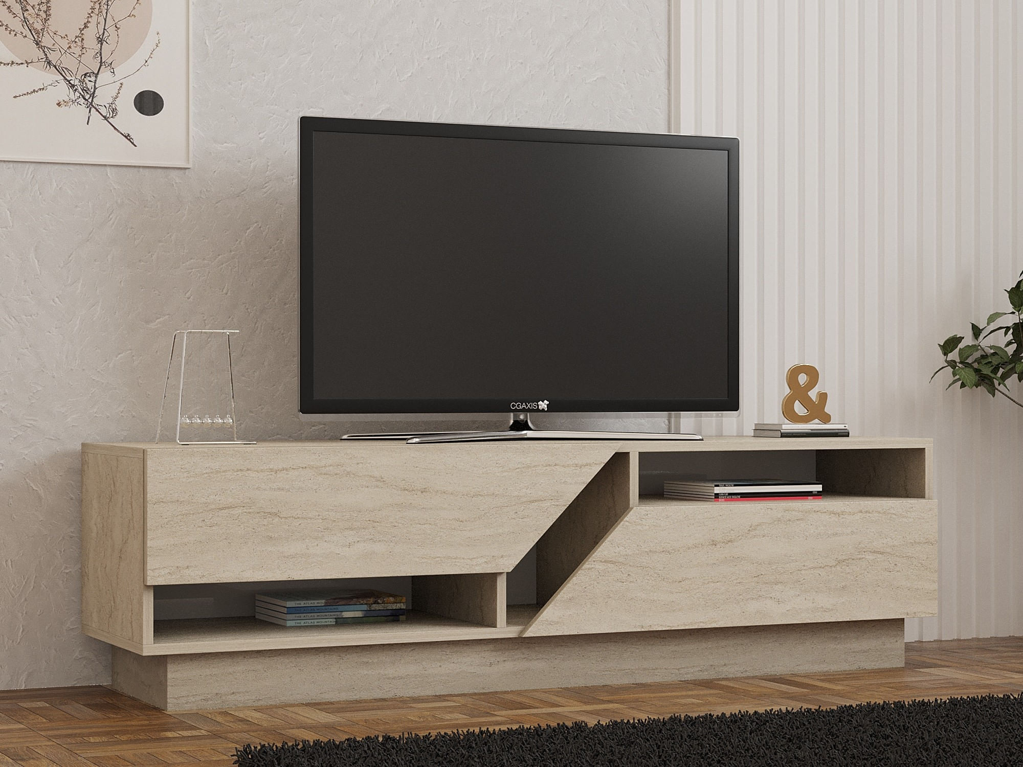 Comoda tv, Hanah Home, pal melaminat, travertin, 160x45x40 cm — imaginea 6