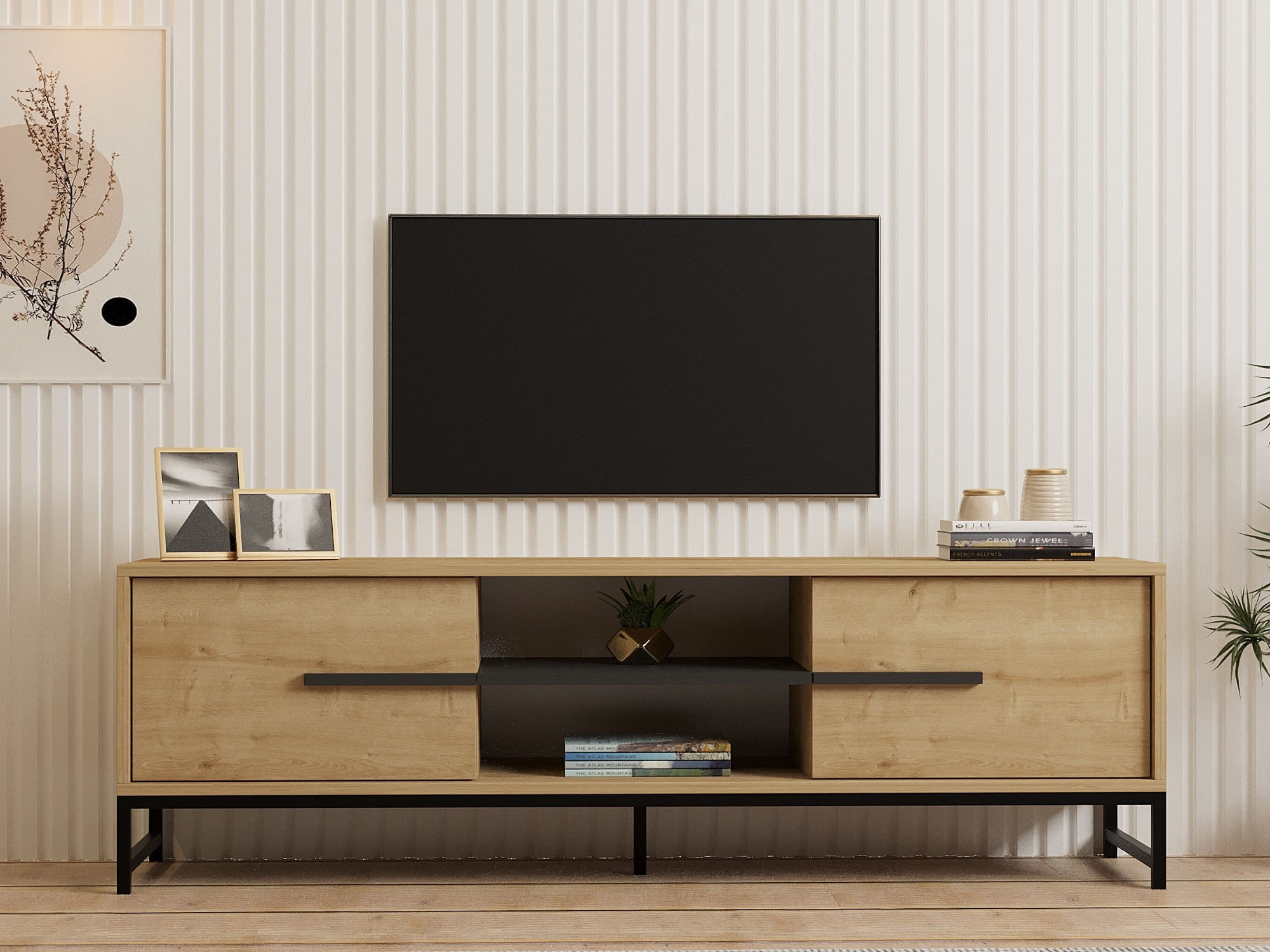 Suport tv, Hanah Home, pal melaminat, stejar safir, 160x40x50 cm — imaginea 3