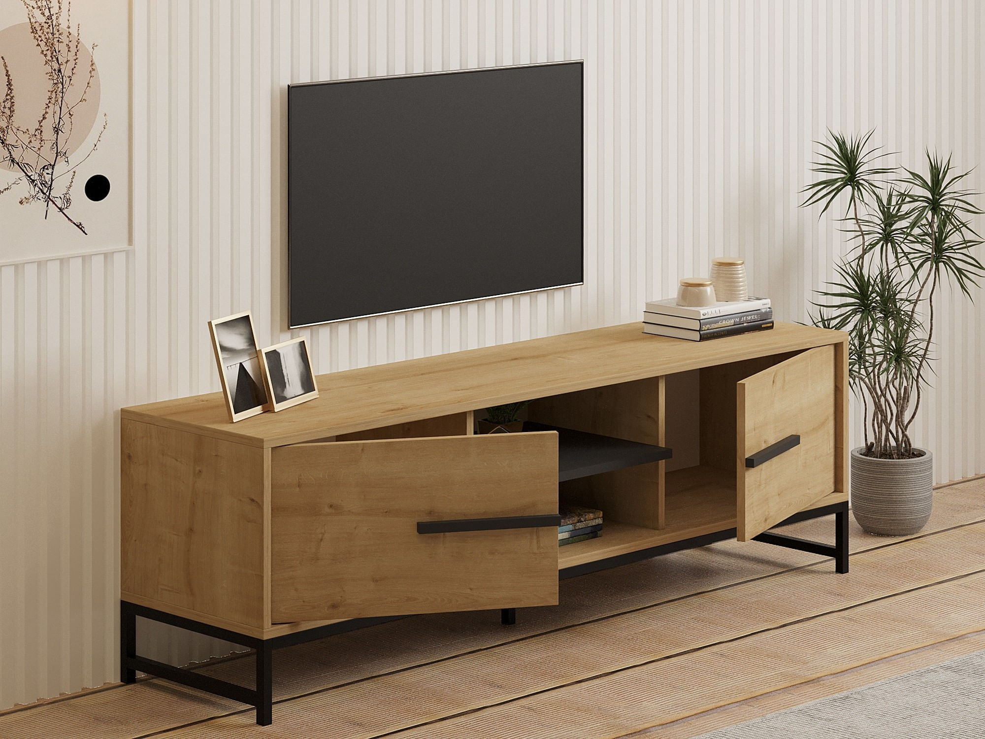 Suport tv, Hanah Home, pal melaminat, stejar safir, 160x40x50 cm — imaginea 4