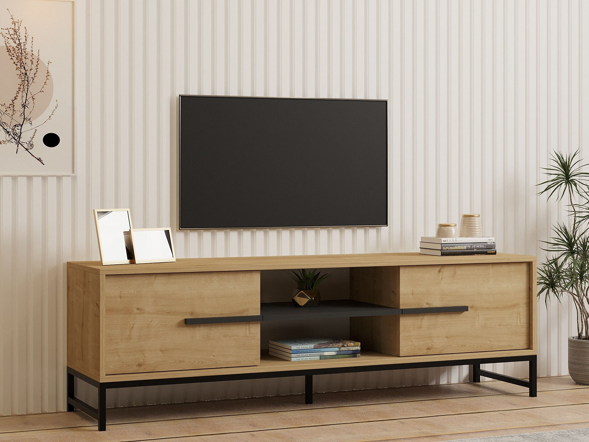 Suport tv, Hanah Home, pal melaminat, stejar safir, 160x40x50 cm — imaginea 5