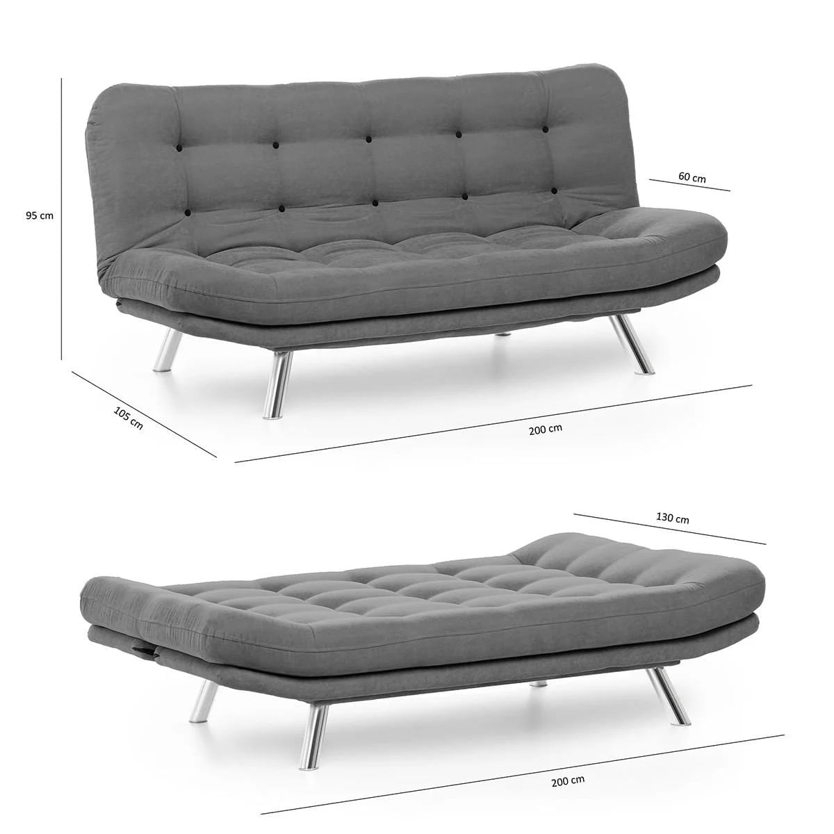 Canapea extensibila, Hanah Home, metal, stofa poliester, negru, 200x95x105 cm