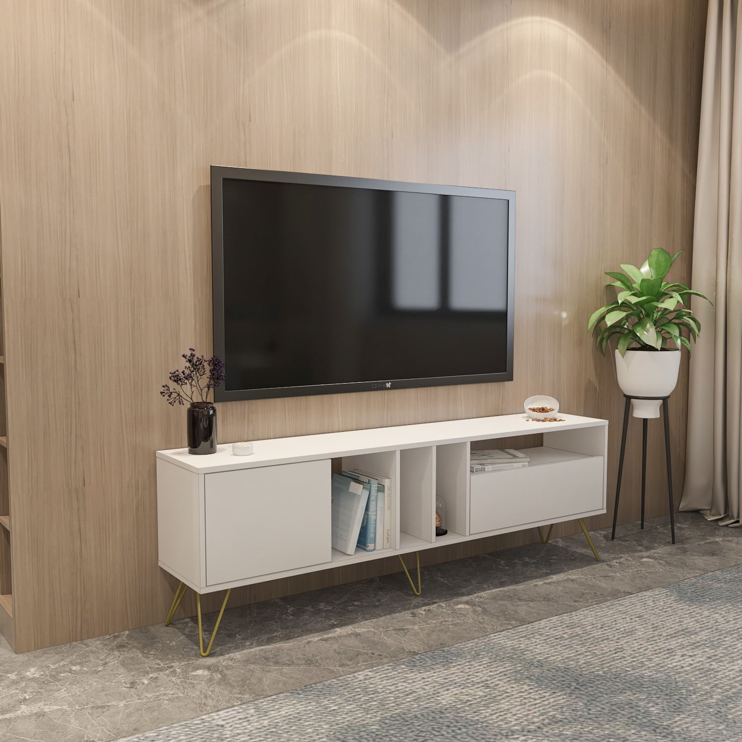 Comoda tv, Hanah Home, pal melaminat, alb auriu, 180x35.5x58.7 cm — imaginea 3