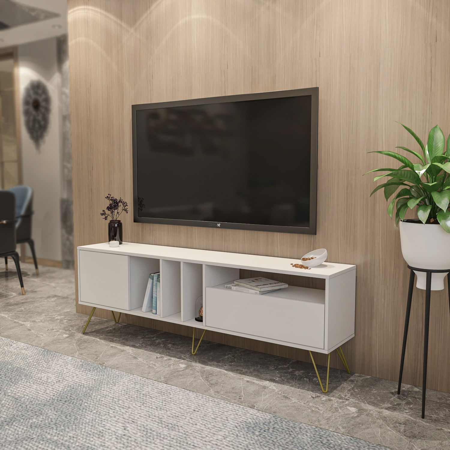 Comoda tv, Hanah Home, pal melaminat, alb auriu, 180x35.5x58.7 cm — imaginea 4