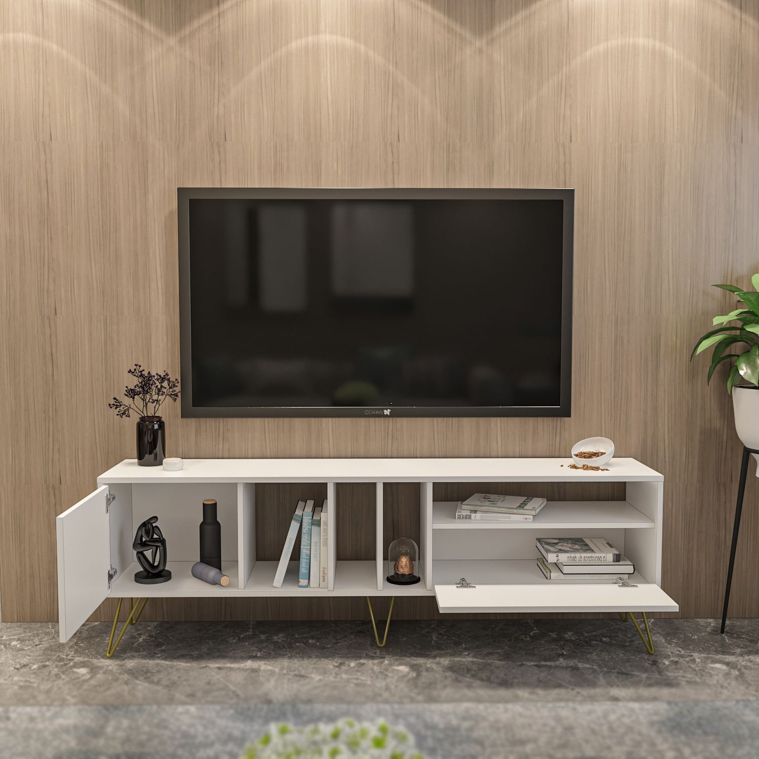 Comoda tv, Hanah Home, pal melaminat, alb auriu, 180x35.5x58.7 cm — imaginea 5