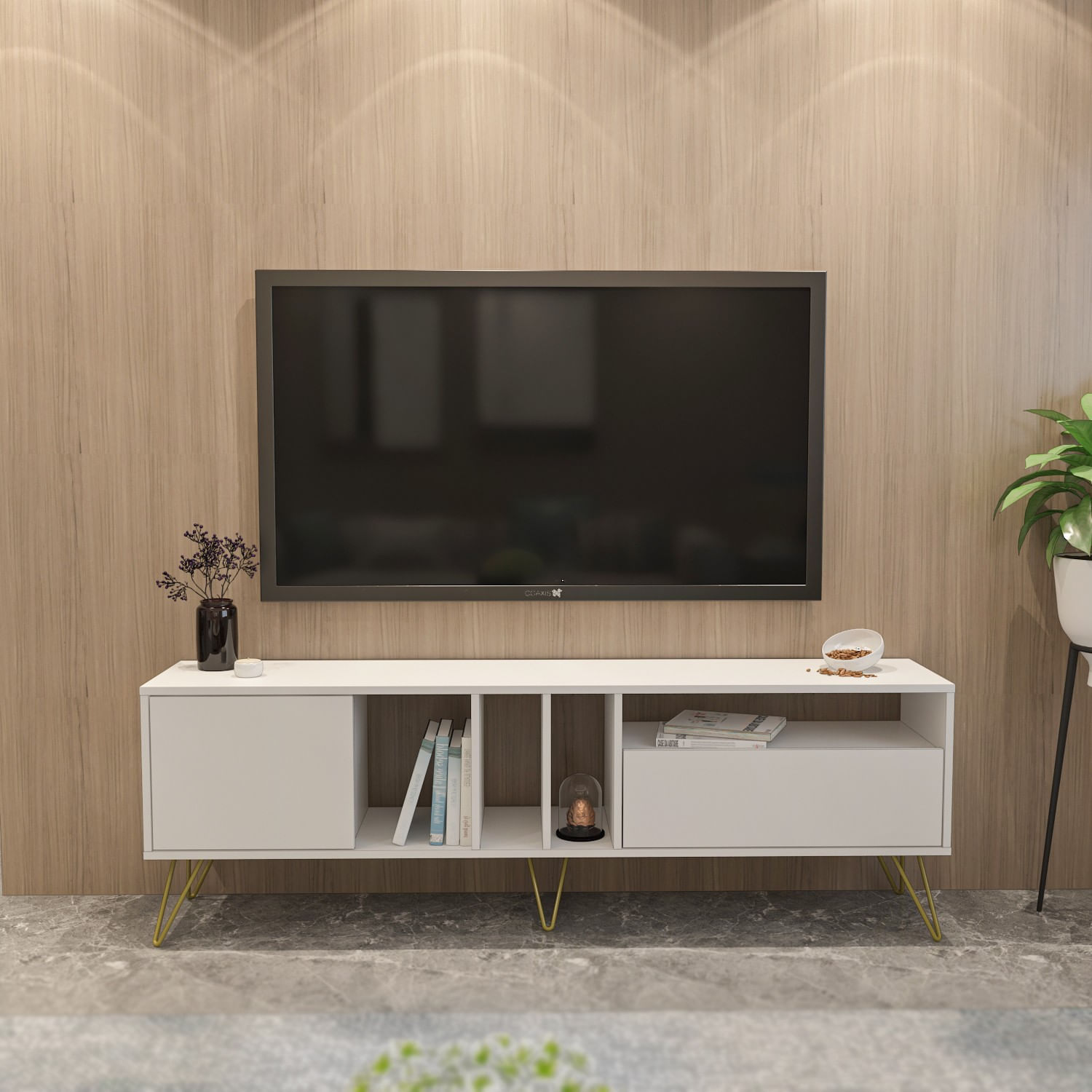 Comoda tv, Hanah Home, pal melaminat, alb auriu, 180x35.5x58.7 cm — imaginea 6