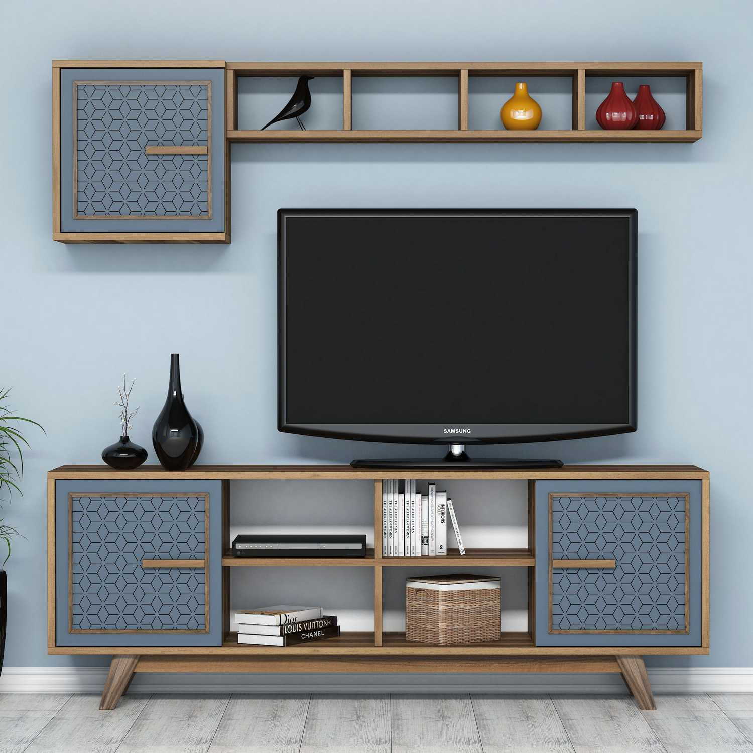Corp tv, Hanah Home, pal melaminat, nuc si albastru, 160x35x56.2 cm