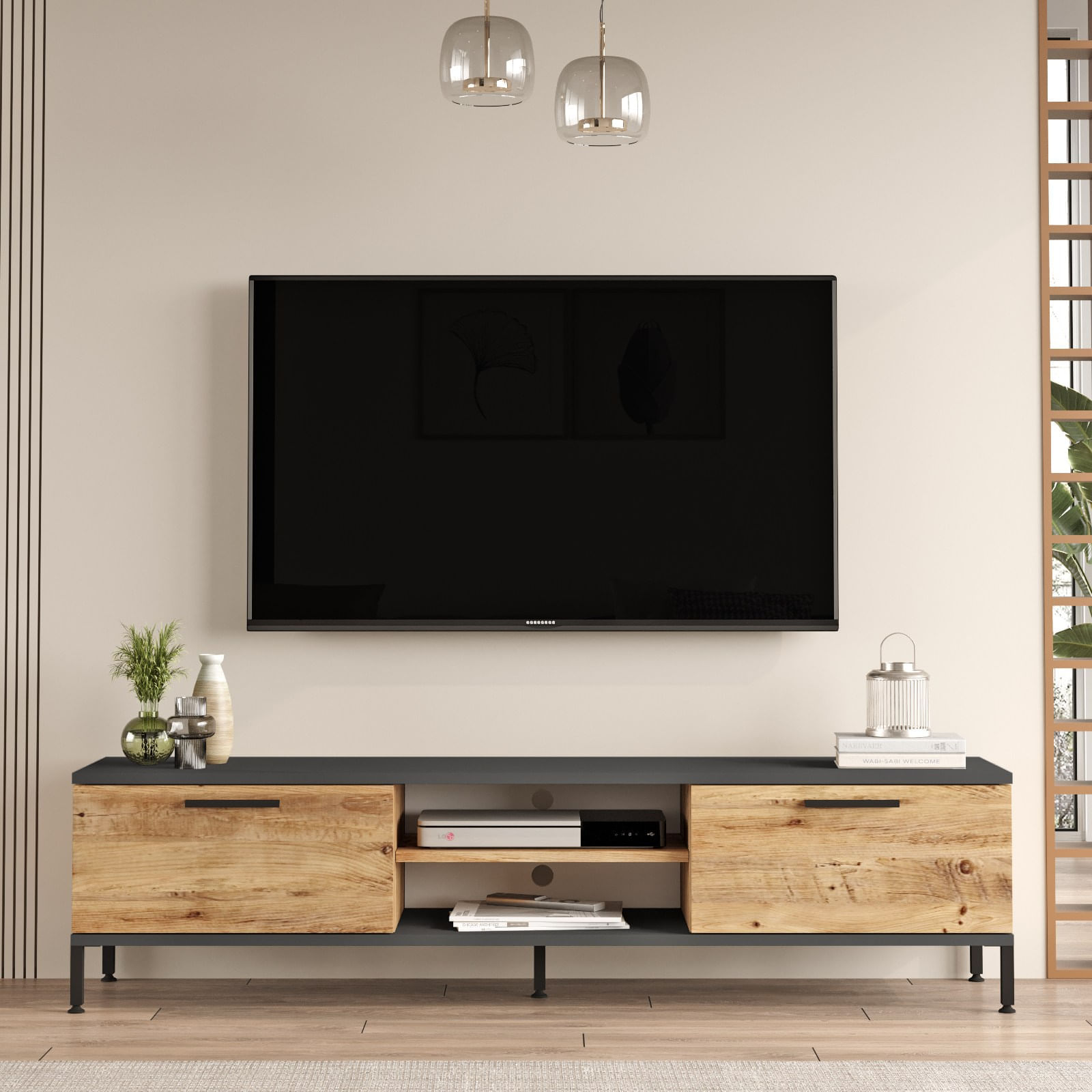 Comoda tv, Hanah Home, pal melaminat, pin atlantic si antracit, 160x39.1x35 cm — imaginea 2