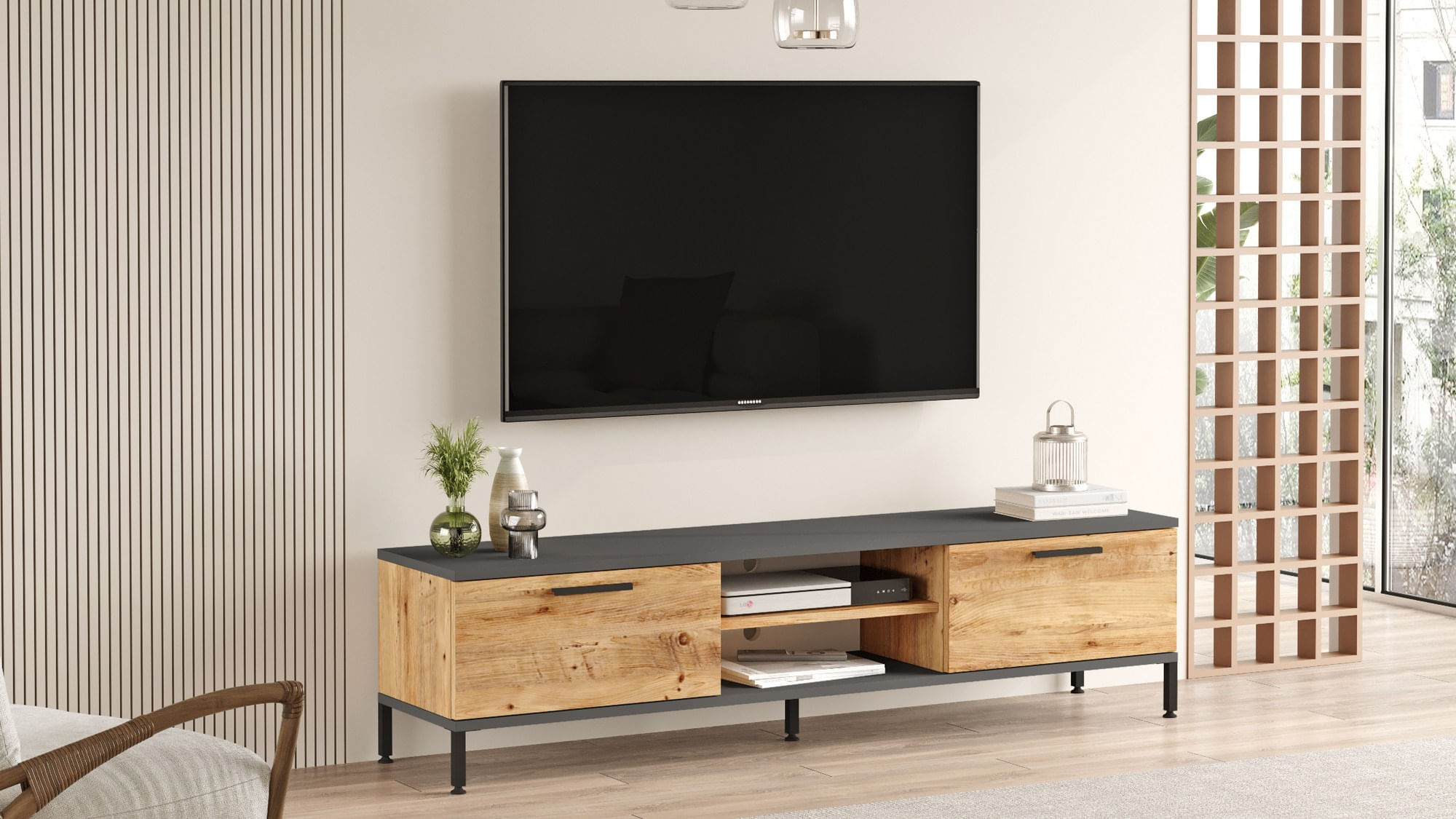 Comoda tv, Hanah Home, pal melaminat, pin atlantic si antracit, 160x39.1x35 cm — imaginea 3