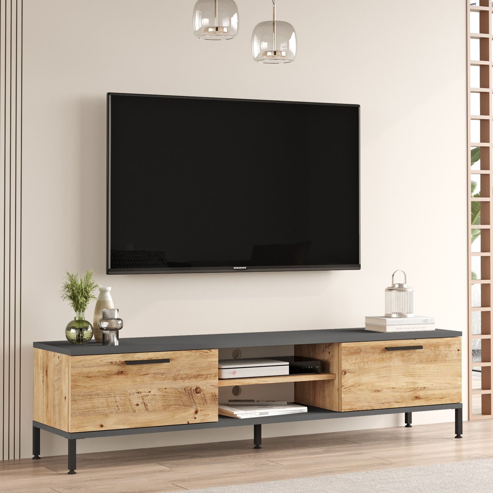 Comoda tv, Hanah Home, pal melaminat, pin atlantic si antracit, 160x39.1x35 cm — imaginea 4