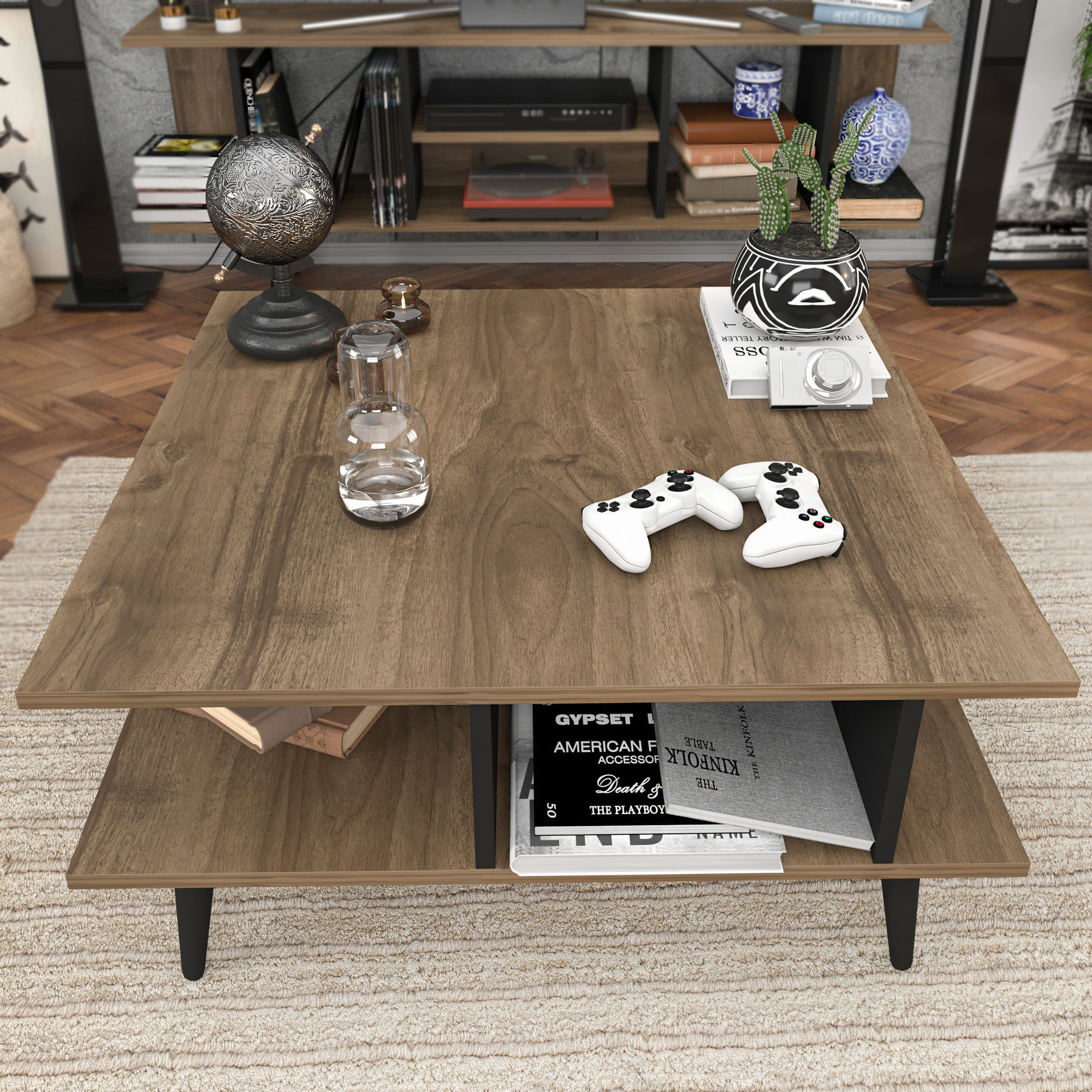 Masuta de cafea, Hanah Home, pal melaminat, nuc si negru, 89x89x44 cm — imaginea 4