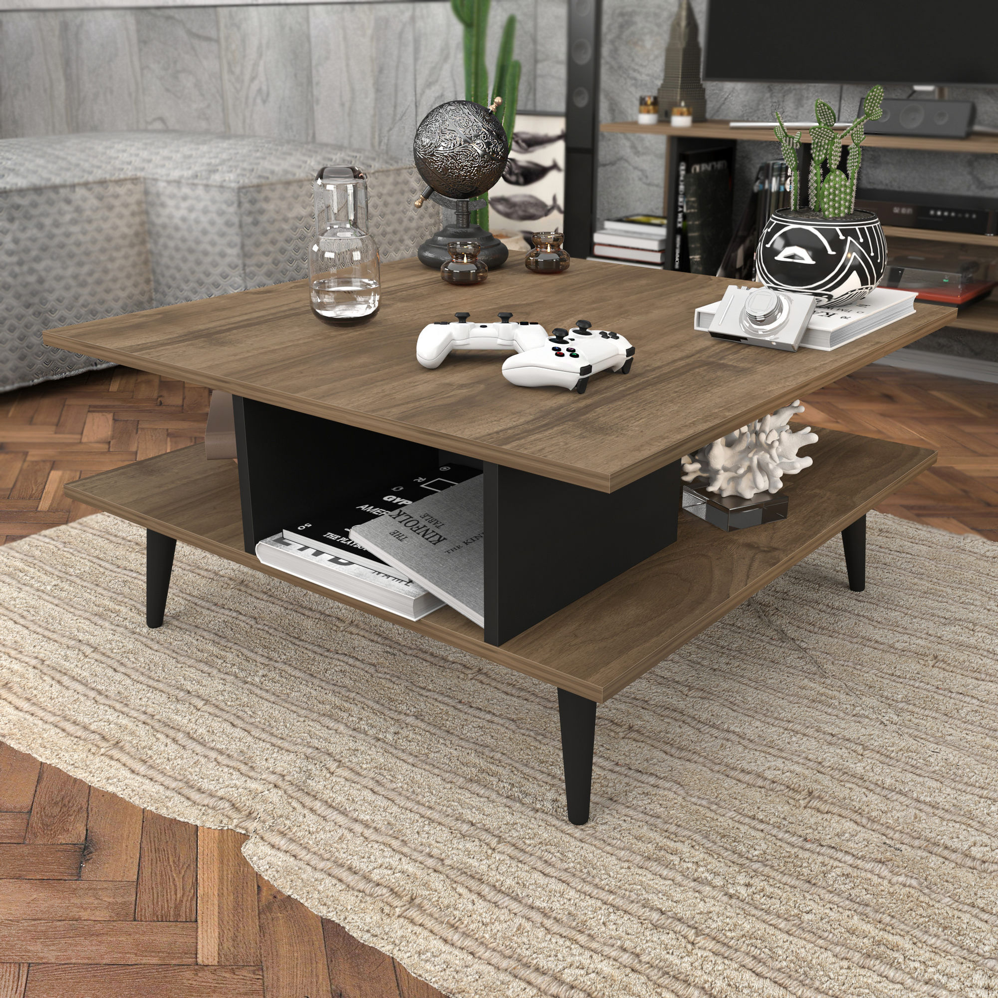 Masuta de cafea, Hanah Home, pal melaminat, nuc si negru, 89x89x44 cm — imaginea 5