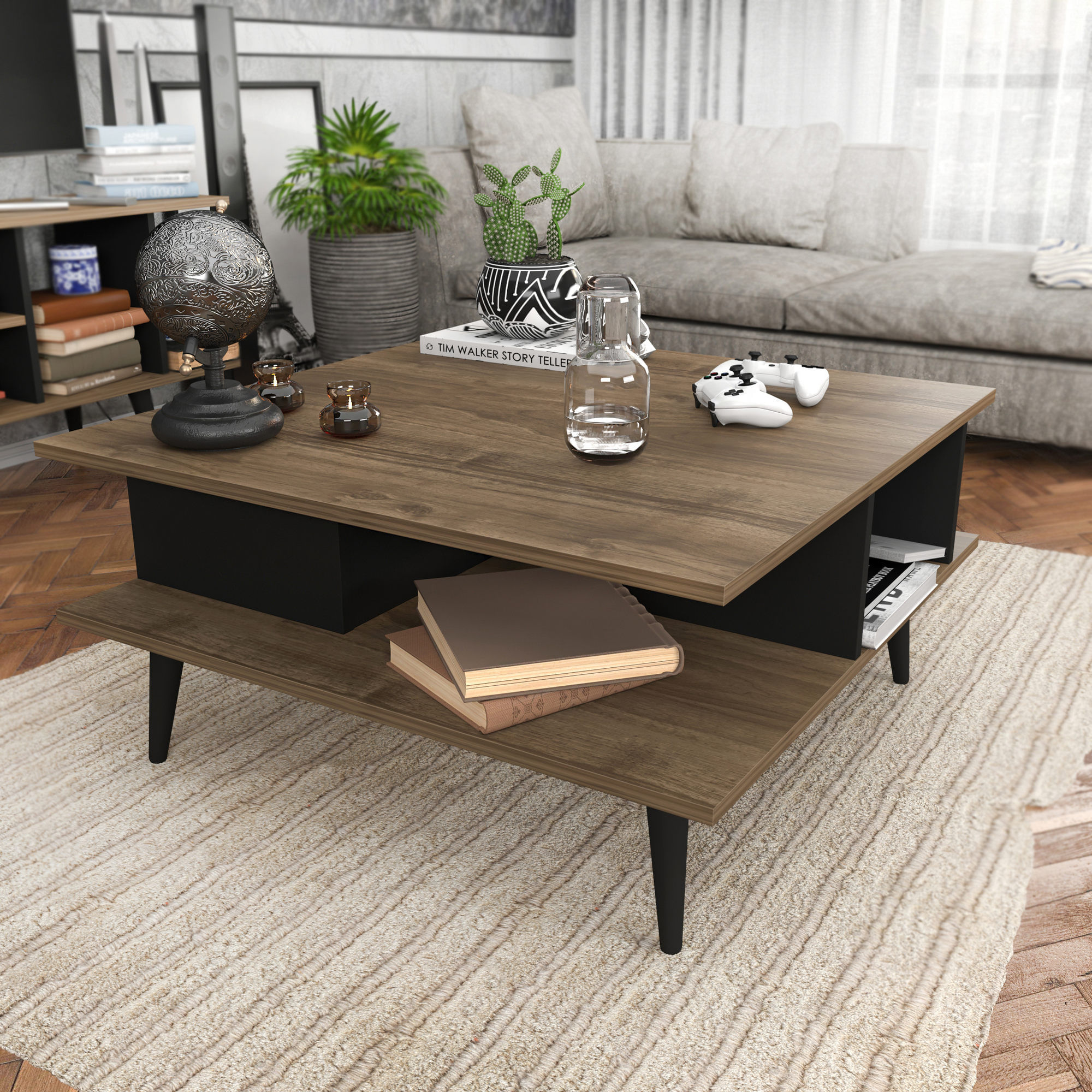 Masuta de cafea, Hanah Home, pal melaminat, nuc si negru, 89x89x44 cm — imaginea 6