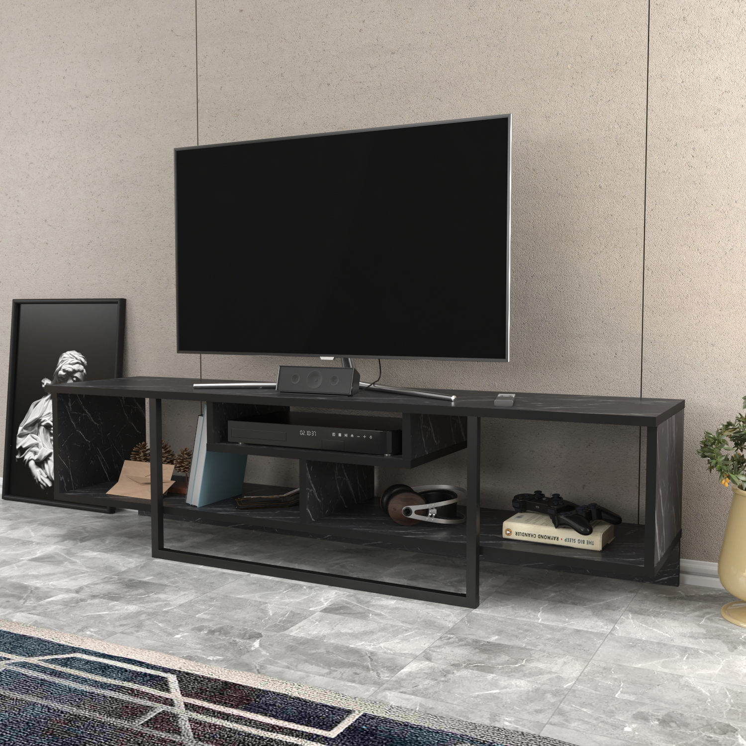 Comoda tv, Hanah Home, pal melaminat, negru, 150x35.2x40 cm — imaginea 3