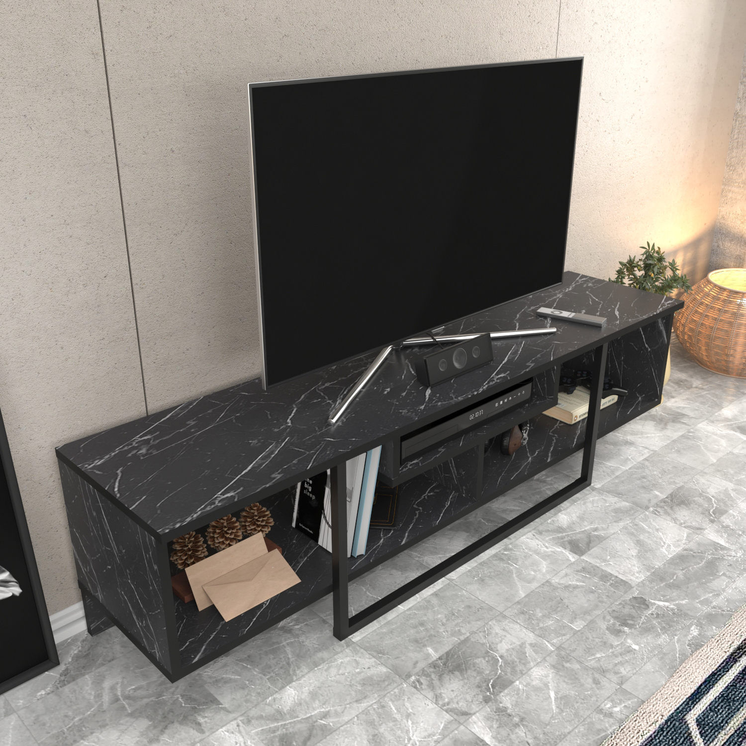 Comoda tv, Hanah Home, pal melaminat, negru, 150x35.2x40 cm — imaginea 4