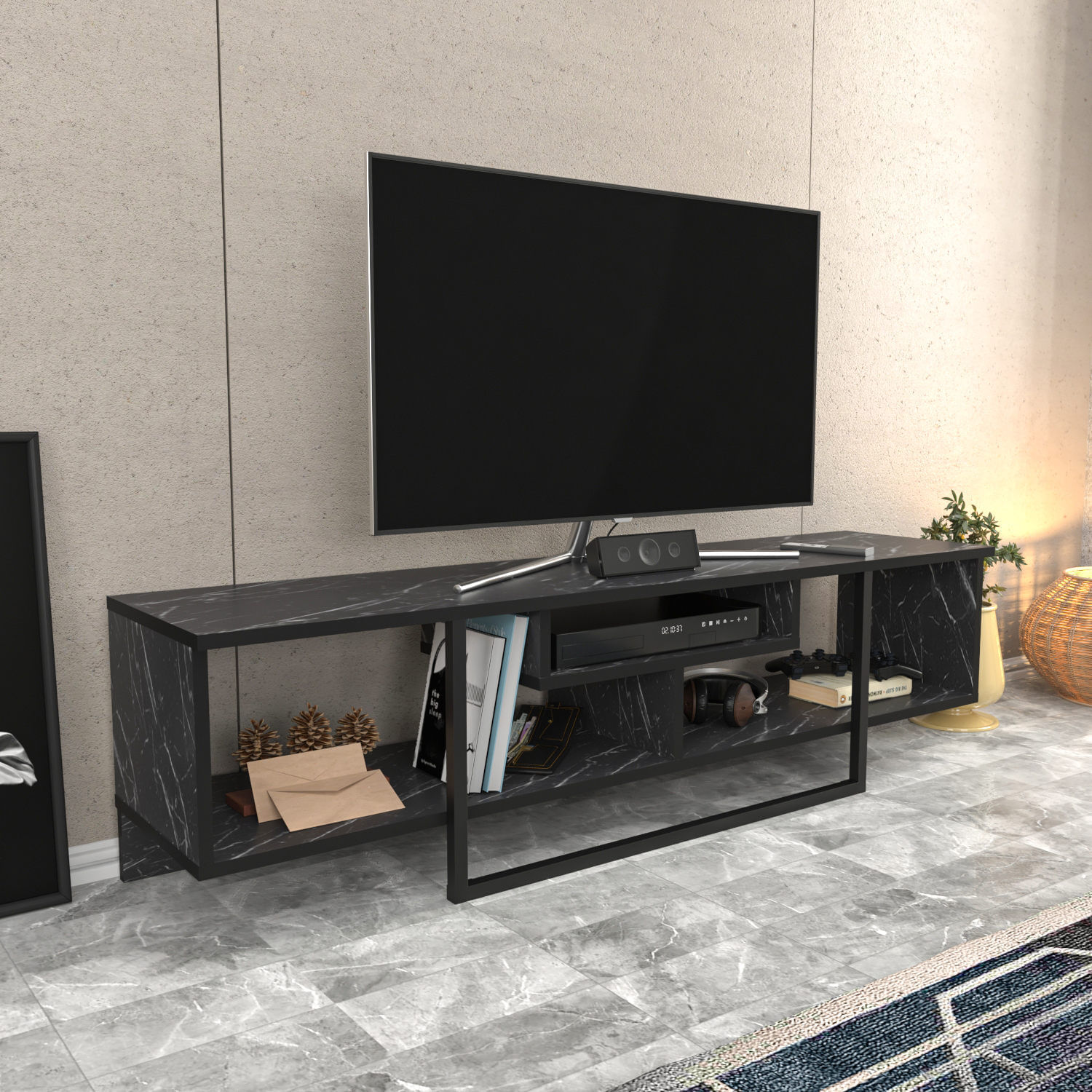 Comoda tv, Hanah Home, pal melaminat, negru, 150x35.2x40 cm — imaginea 5