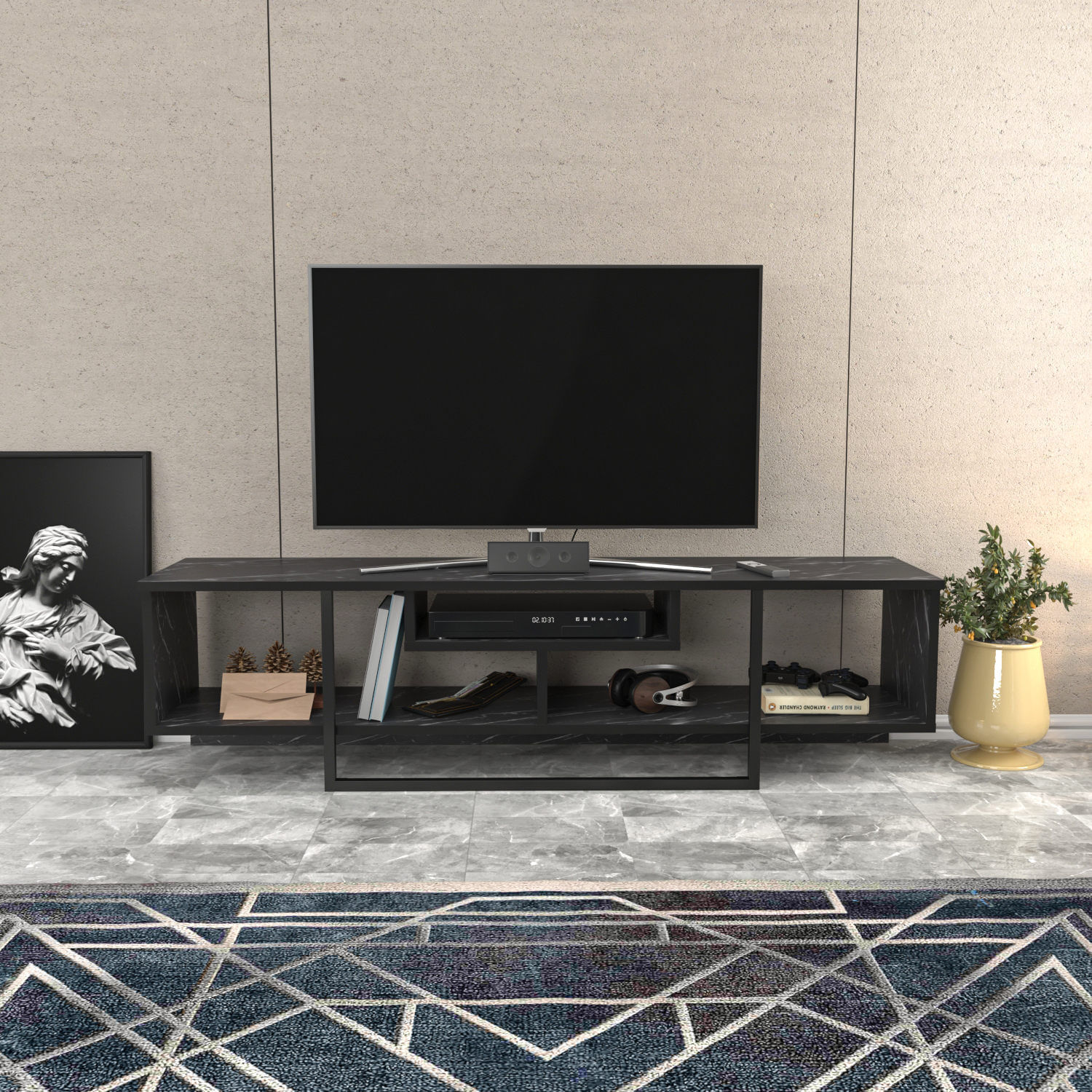 Comoda tv, Hanah Home, pal melaminat, negru, 150x35.2x40 cm — imaginea 6