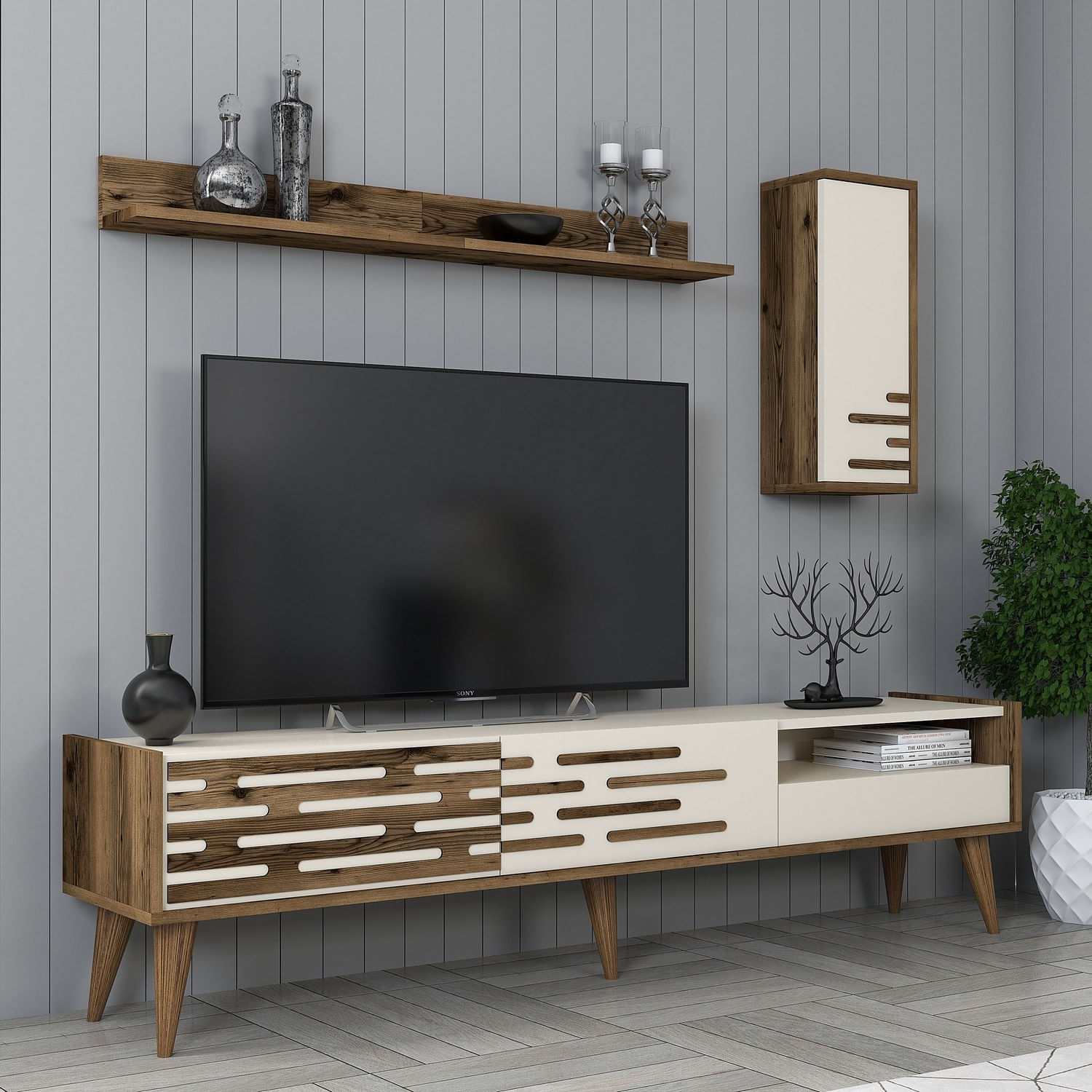 Comoda tv, Hanah Home, pal melaminat, nuc si crem, 180x45x35 cm, 845HCT5346 — imaginea 3