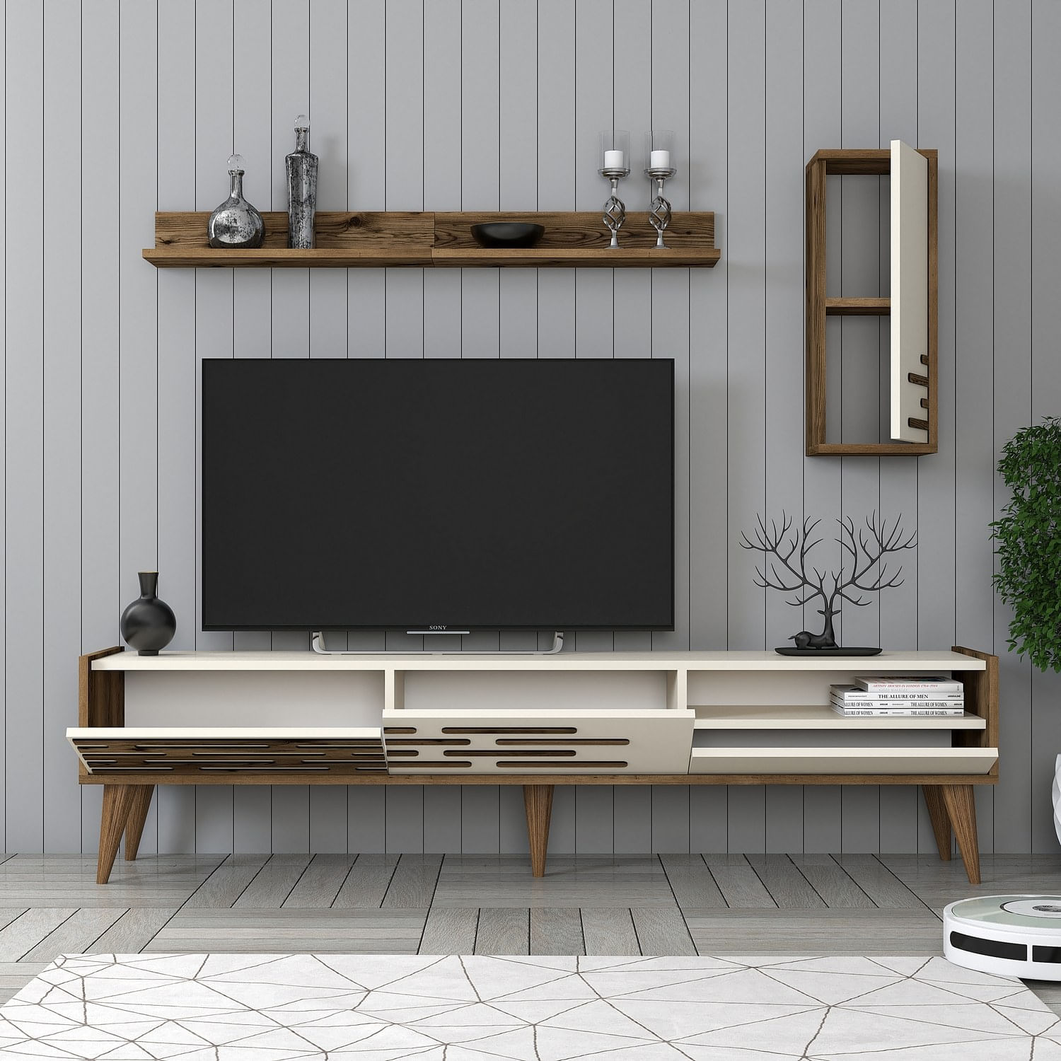 Comoda tv, Hanah Home, pal melaminat, nuc si crem, 180x45x35 cm, 845HCT5346 — imaginea 4