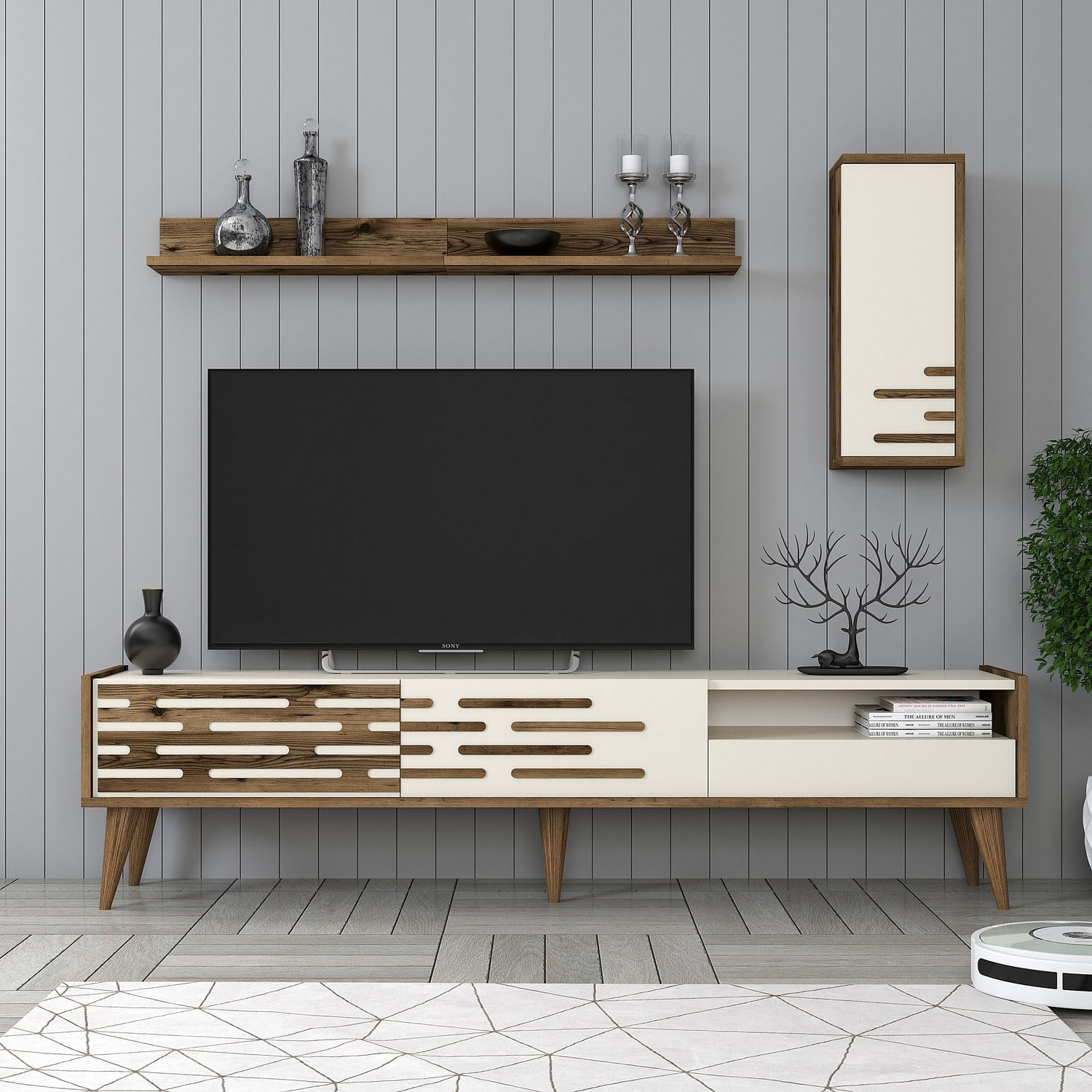 Comoda tv, Hanah Home, pal melaminat, nuc si crem, 180x45x35 cm, 845HCT5346 — imaginea 5