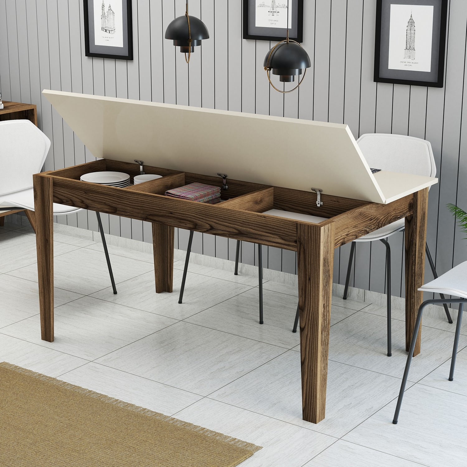 Masa dining, Hanah Home, PAL melaminat, nuc crem, 145x88x75 cm — imaginea 3