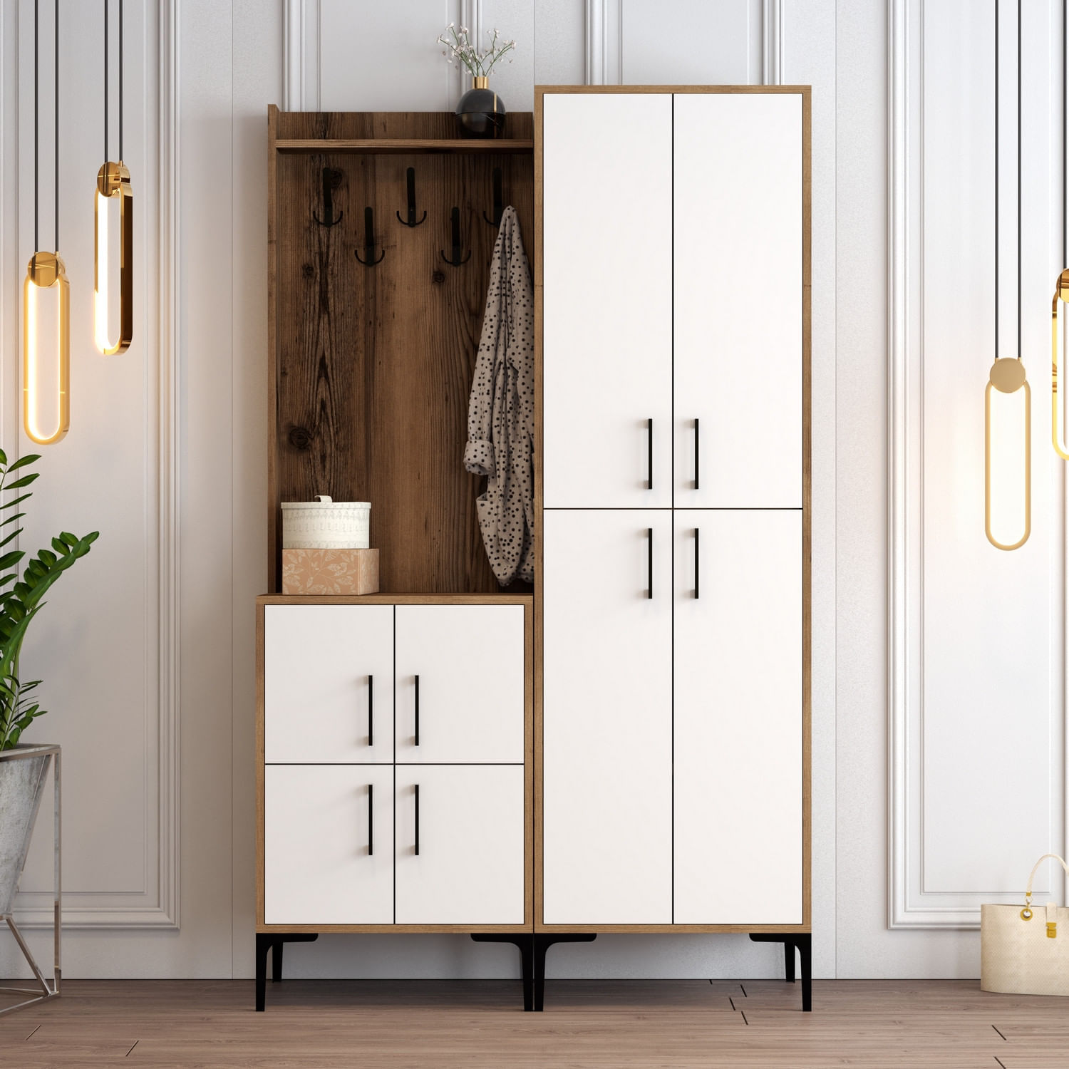 Cuier, Hanah Home, panou de particule melaminat, nuc si alb, 120x35x200 cm — imaginea 2
