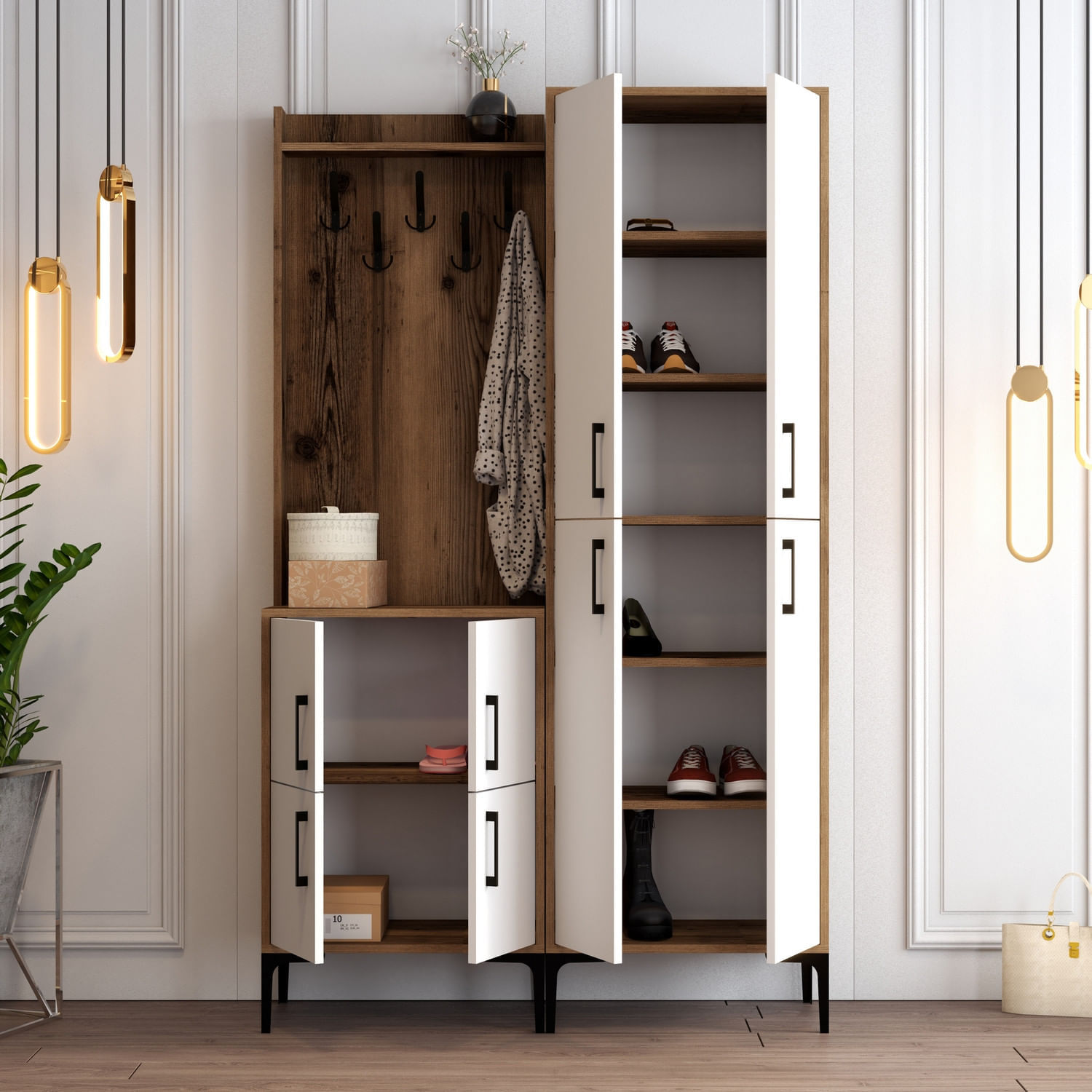 Cuier, Hanah Home, panou de particule melaminat, nuc si alb, 120x35x200 cm — imaginea 3