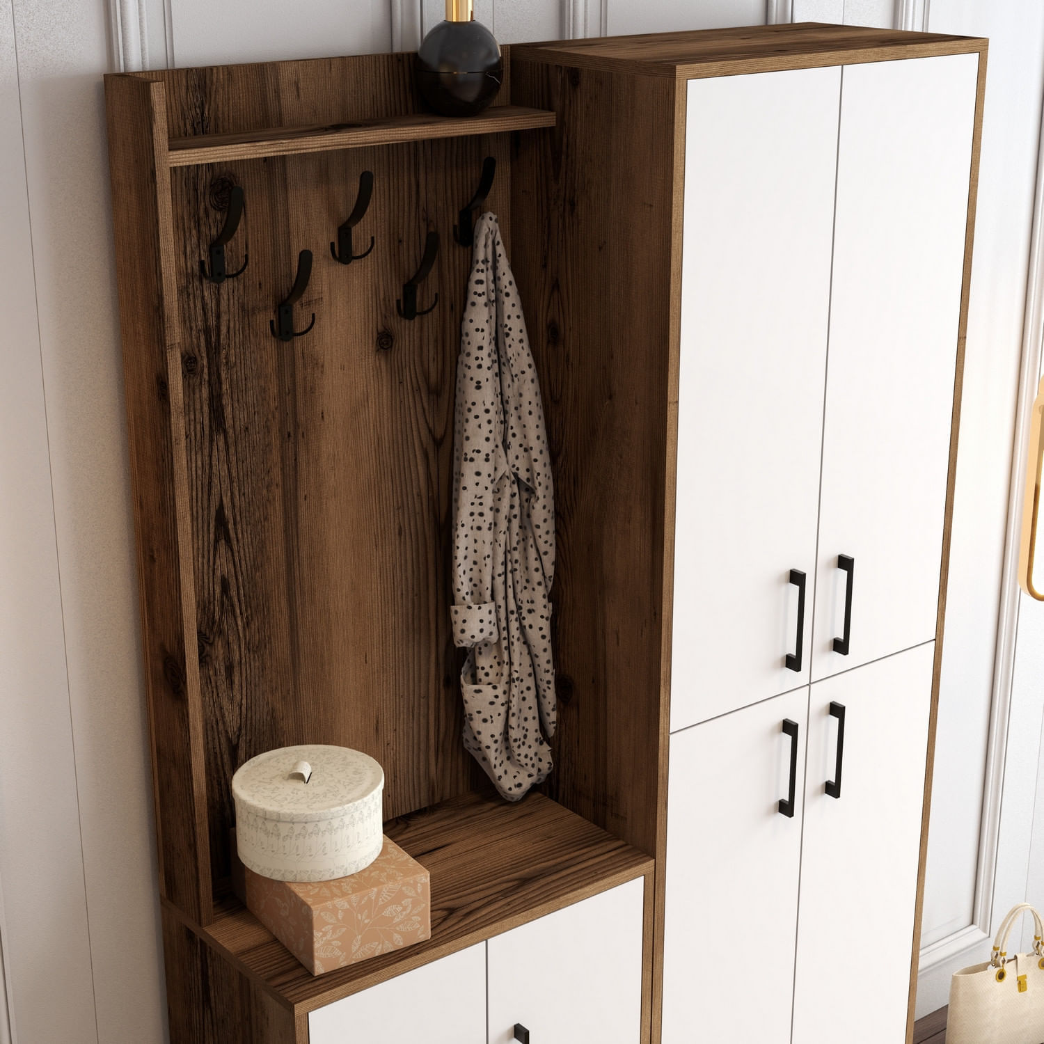 Cuier, Hanah Home, panou de particule melaminat, nuc si alb, 120x35x200 cm — imaginea 4