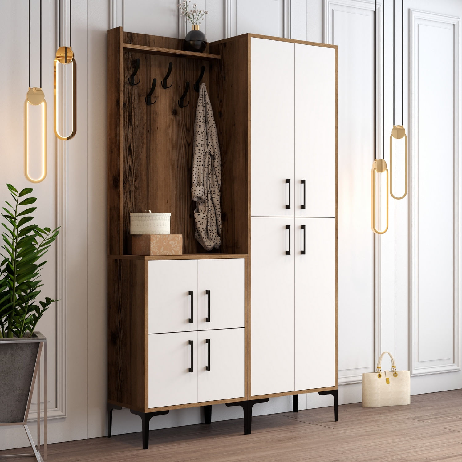 Cuier, Hanah Home, panou de particule melaminat, nuc si alb, 120x35x200 cm — imaginea 5