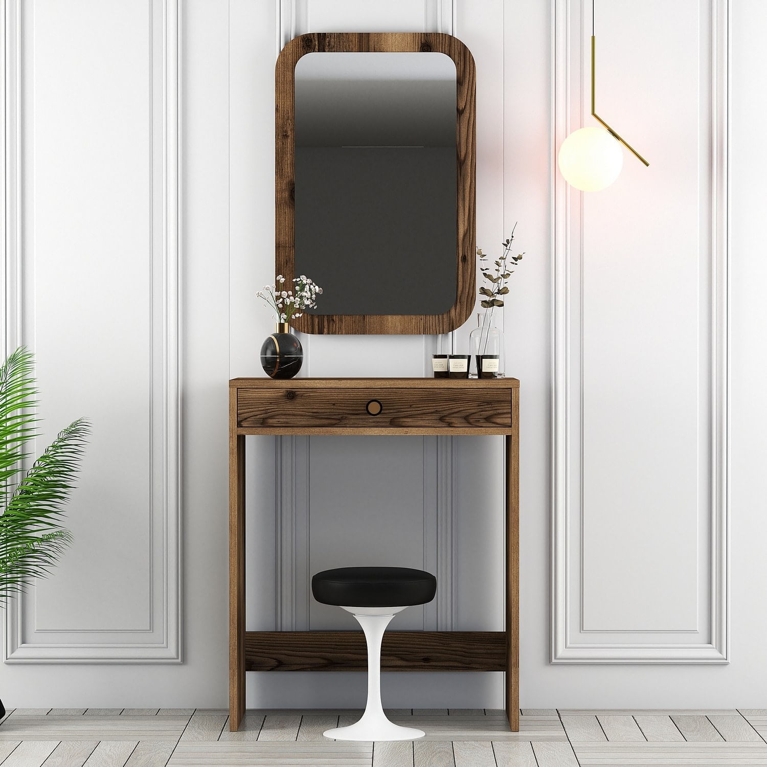 Masa de machiaj cu oglinda, Hanah Home, pal melaminat, nuc, 70x40x84.7 cm — imaginea 2