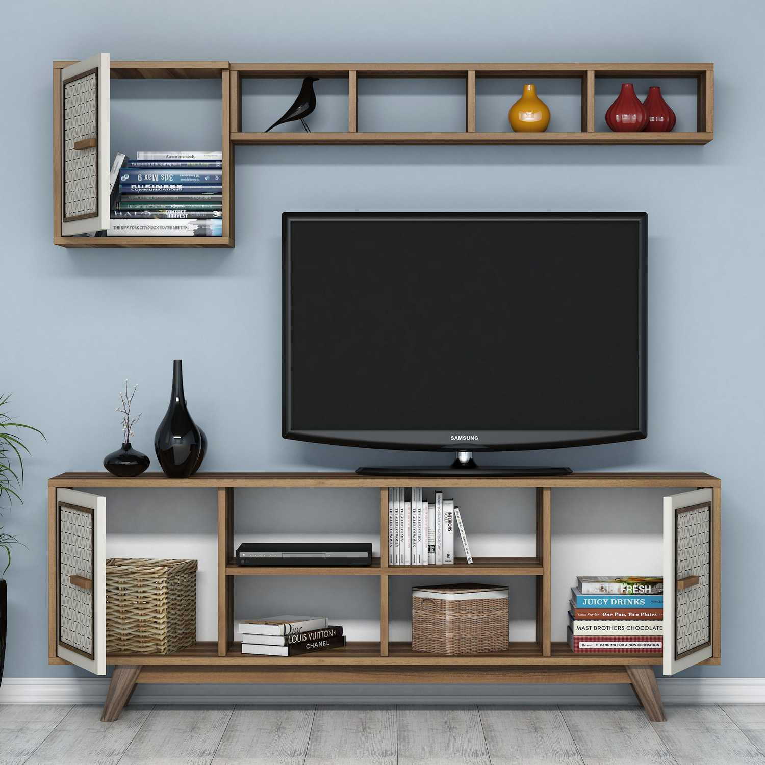 Comoda tv, Hanah Home, pal melaminat, nuc, crem, 160x56.2x35 cm — imaginea 2