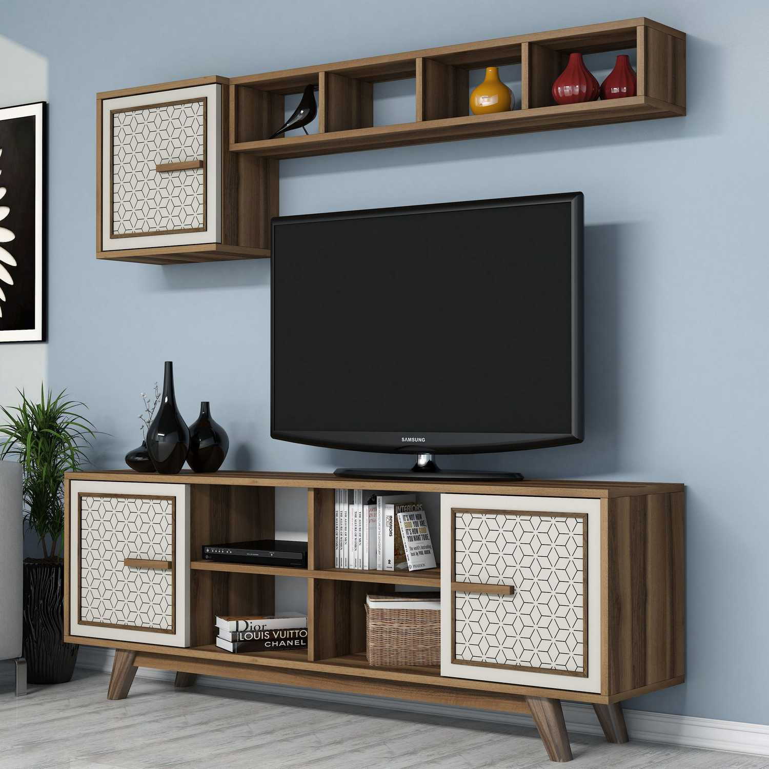 Comoda tv, Hanah Home, pal melaminat, nuc, crem, 160x56.2x35 cm — imaginea 3