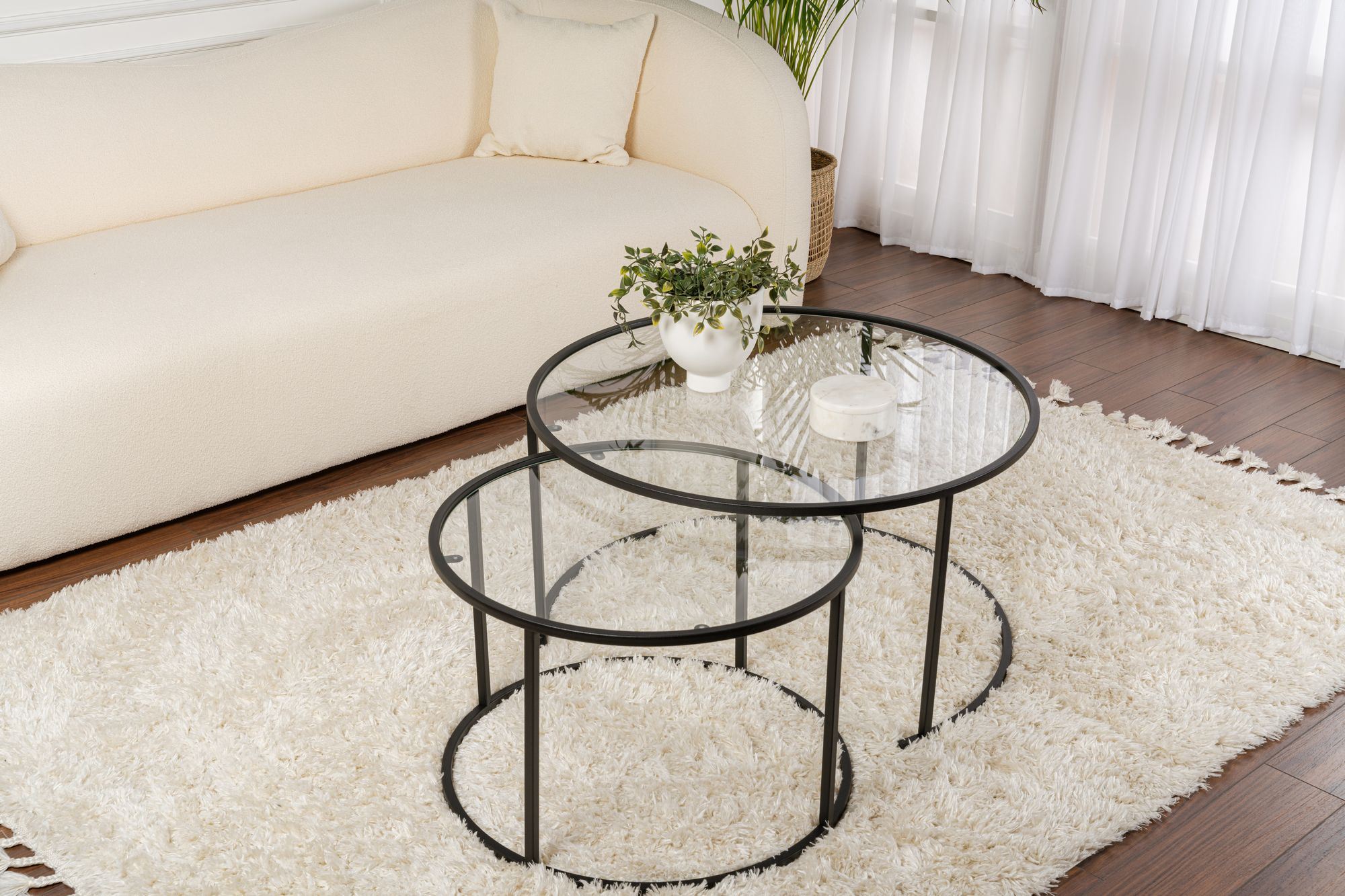 Set masute de cafea, Hanah Home, sticla securizata, negru-transparent, 80x80x43 cm, 60x60x39 cm — imaginea 2