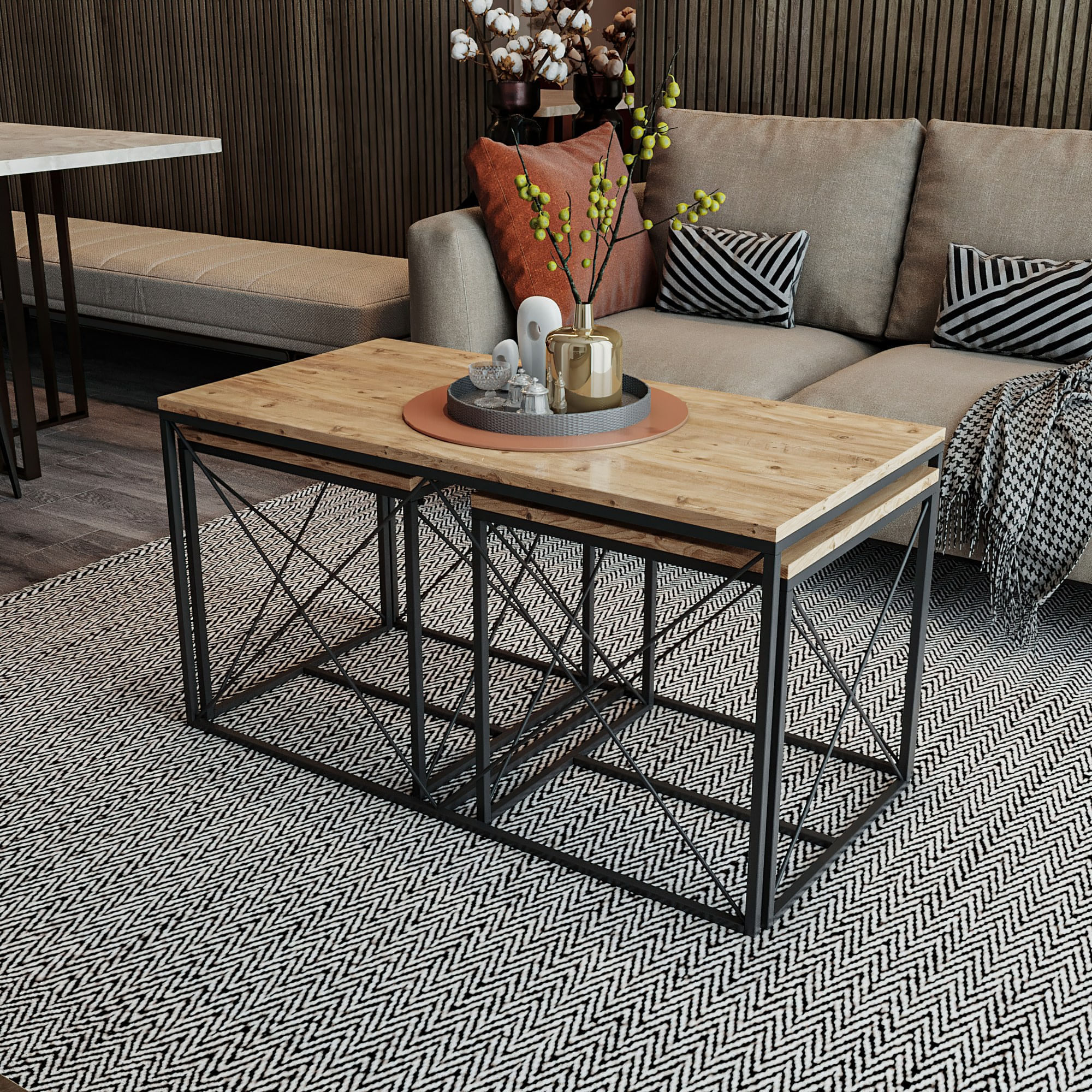 Set masute de cafea, Hanah Home, pal melaminat, pin atlantic si negru, 100x52x50 cm si 45x52x45 cm — imaginea 3
