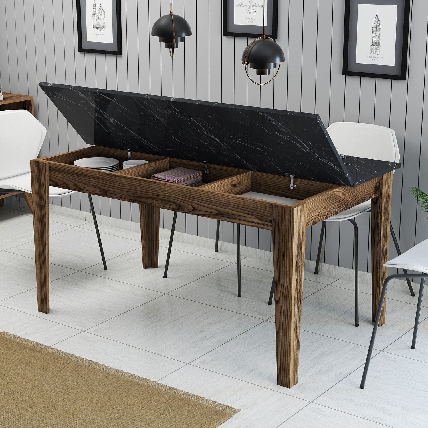 Masa dining, Hanah Home, pal melaminat, nuc si negru, 145x88x75 cm — imaginea 3