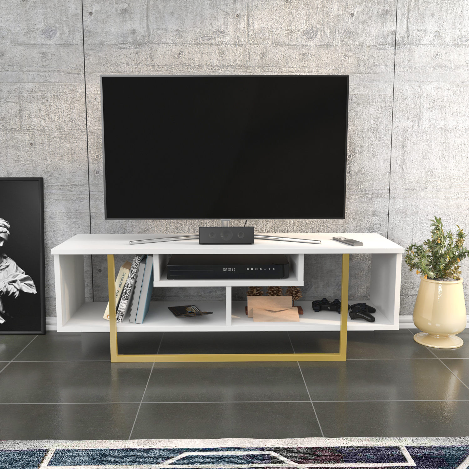 Comoda tv, Hanah Home, pal melaminat, auriu si alb, 120x35.2x40.2 cm — imaginea 2
