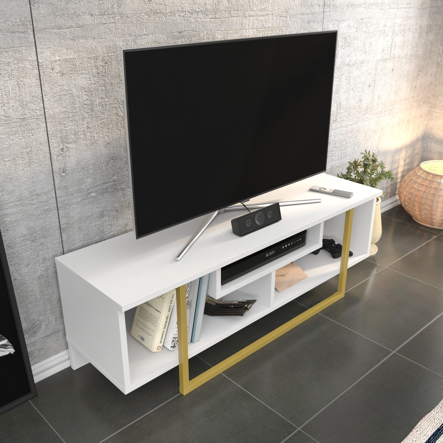 Comoda tv, Hanah Home, pal melaminat, auriu si alb, 120x35.2x40.2 cm — imaginea 3
