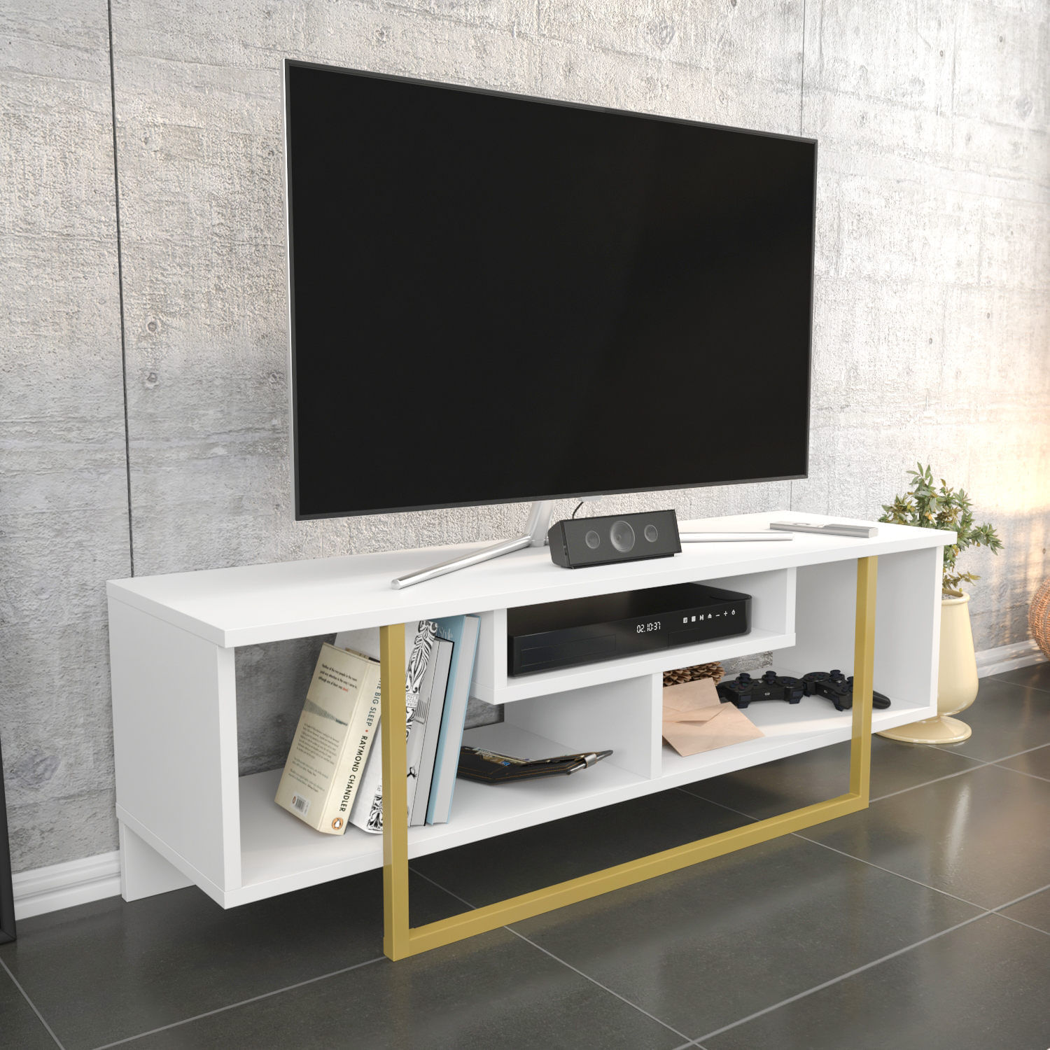 Comoda tv, Hanah Home, pal melaminat, auriu si alb, 120x35.2x40.2 cm — imaginea 4