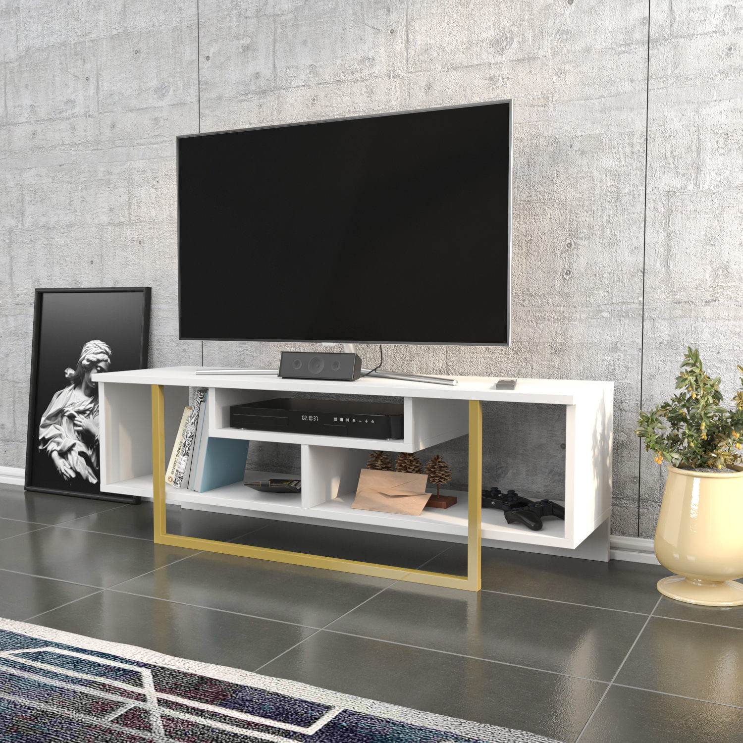 Comoda tv, Hanah Home, pal melaminat, auriu si alb, 120x35.2x40.2 cm — imaginea 5